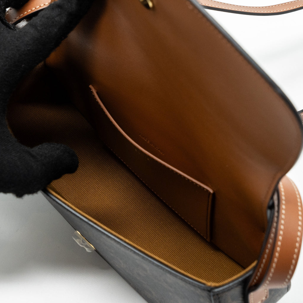 CELINE CLUTCH ON STRAP TABOU TRIOMPHE CANVAS/ CALFSKIN TAN GHW