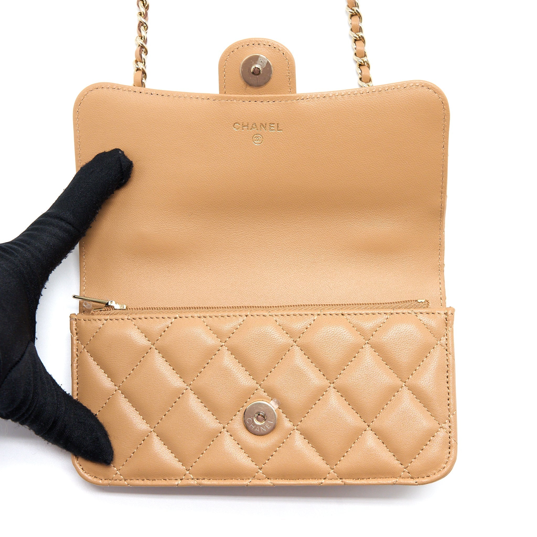 CHANEL TOP HANDLE MINI FLAP BAG WITH CHAIN LAMBSKIN CARAMEL LGHW (MICROCHIP)