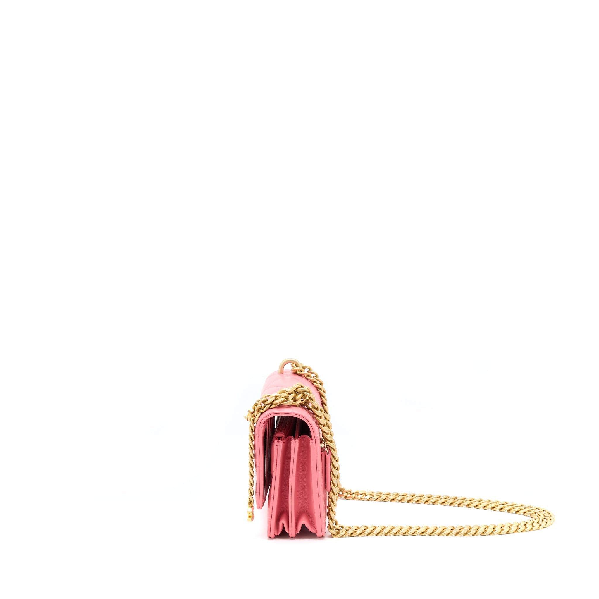 CHANEL 22P SEASONAL MINI SQUARE WALLET ON CHAIN LAMBSKIN PINK GHW