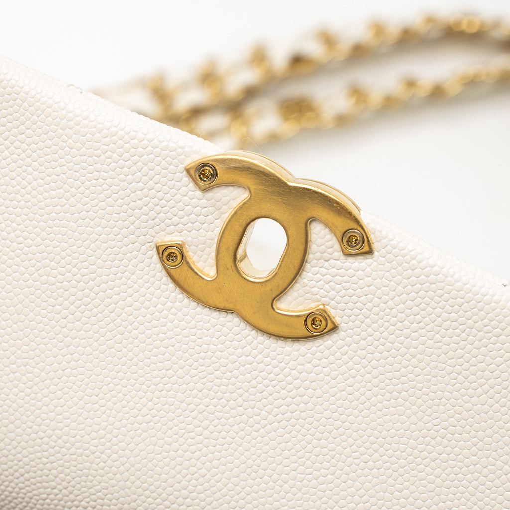 CHANEL 21K COCO FIRST CAVIAR WHITE BRUSHED GHW (MICROCHIP)