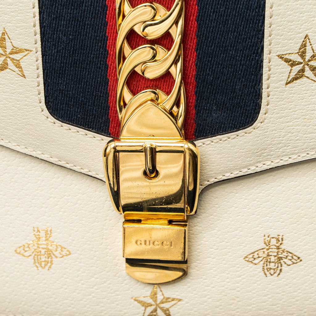 GUCCI SMALL SYLVIE BAG BEE PRINTED CALFSKIN WHITE GHW