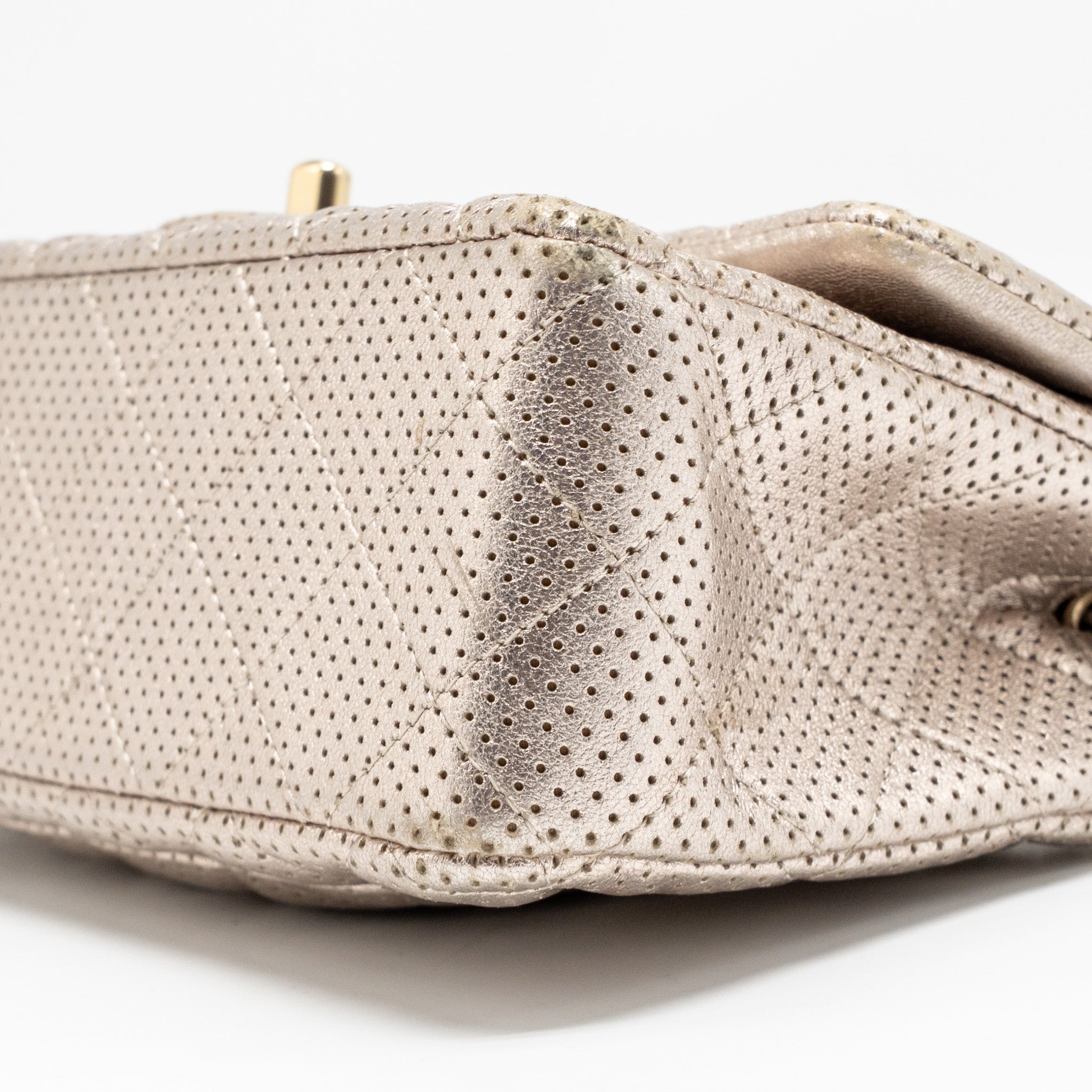 CHANEL MINI RECTANGULAR FLAP BAG PERFORATED METALLIC LAMBSKIN LIGHT GOLD LGHW