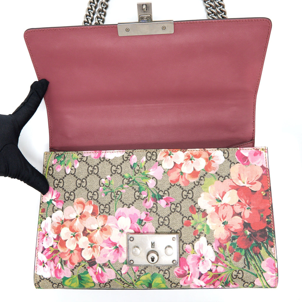 GUCCI PADLOCK SHOULDER FLOWER PRINTED / GG SUPREME RUTHENIUM HARDWARE