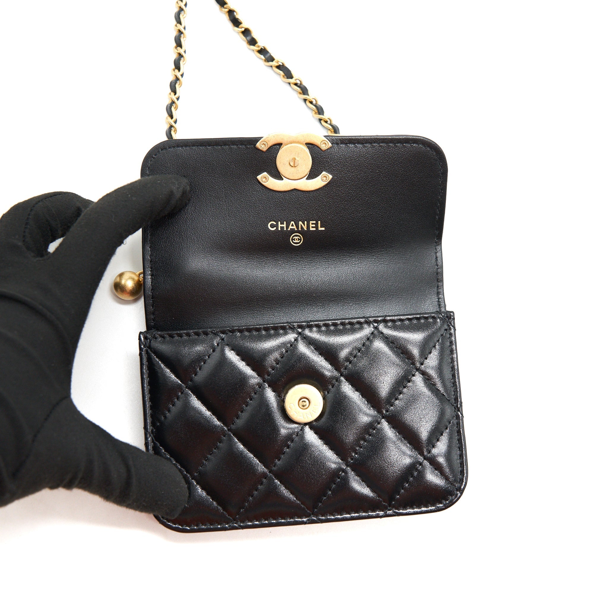 CHANEL 21A FLAP COIN PURSE WITH CHAIN CALFSKIN BLACK GHW