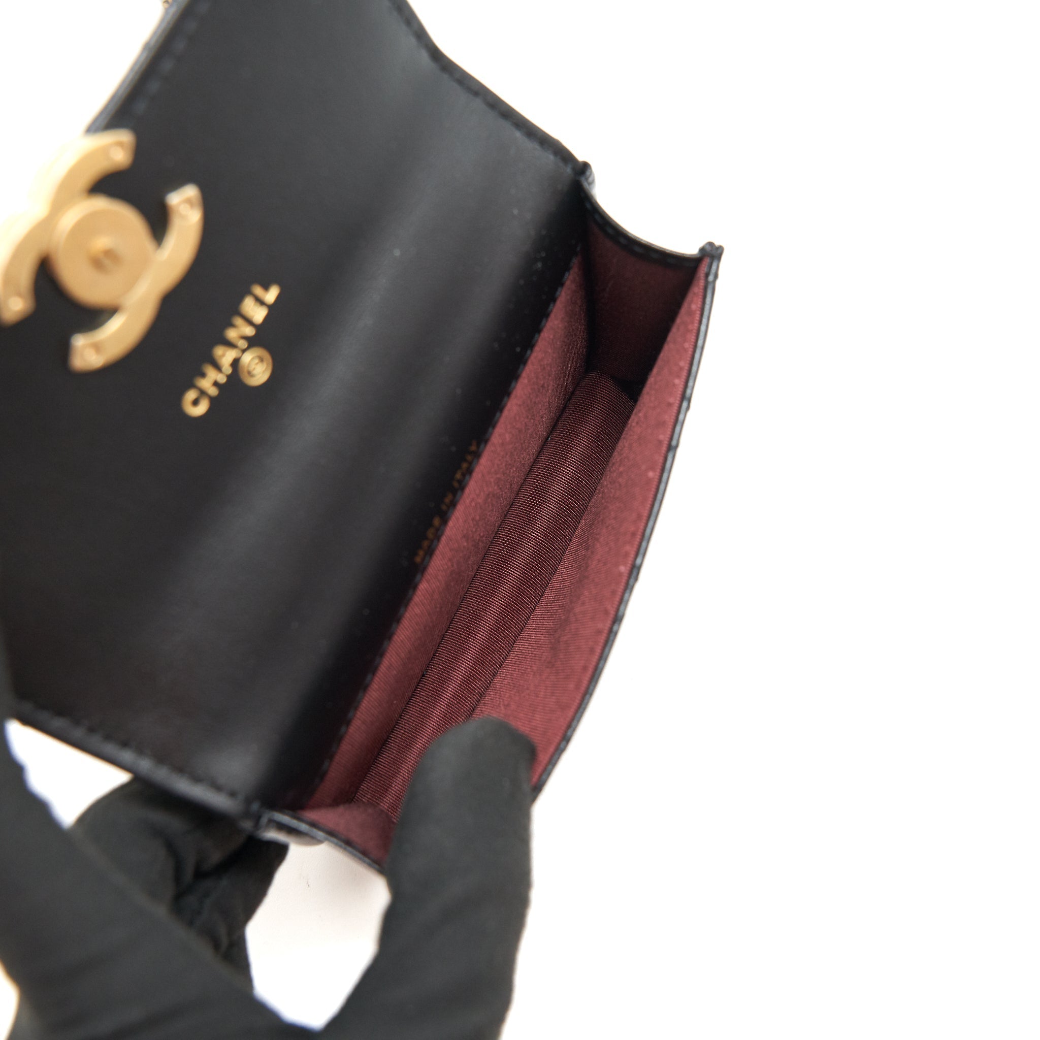CHANEL 21A FLAP COIN PURSE WITH CHAIN CALFSKIN BLACK GHW