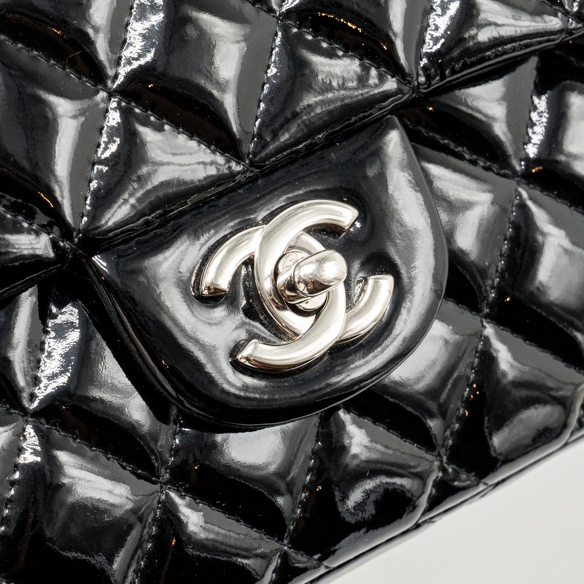 CHANEL EAST WEST FLAP SHOULDER BAG PATENT LEATHER BLACK SHW