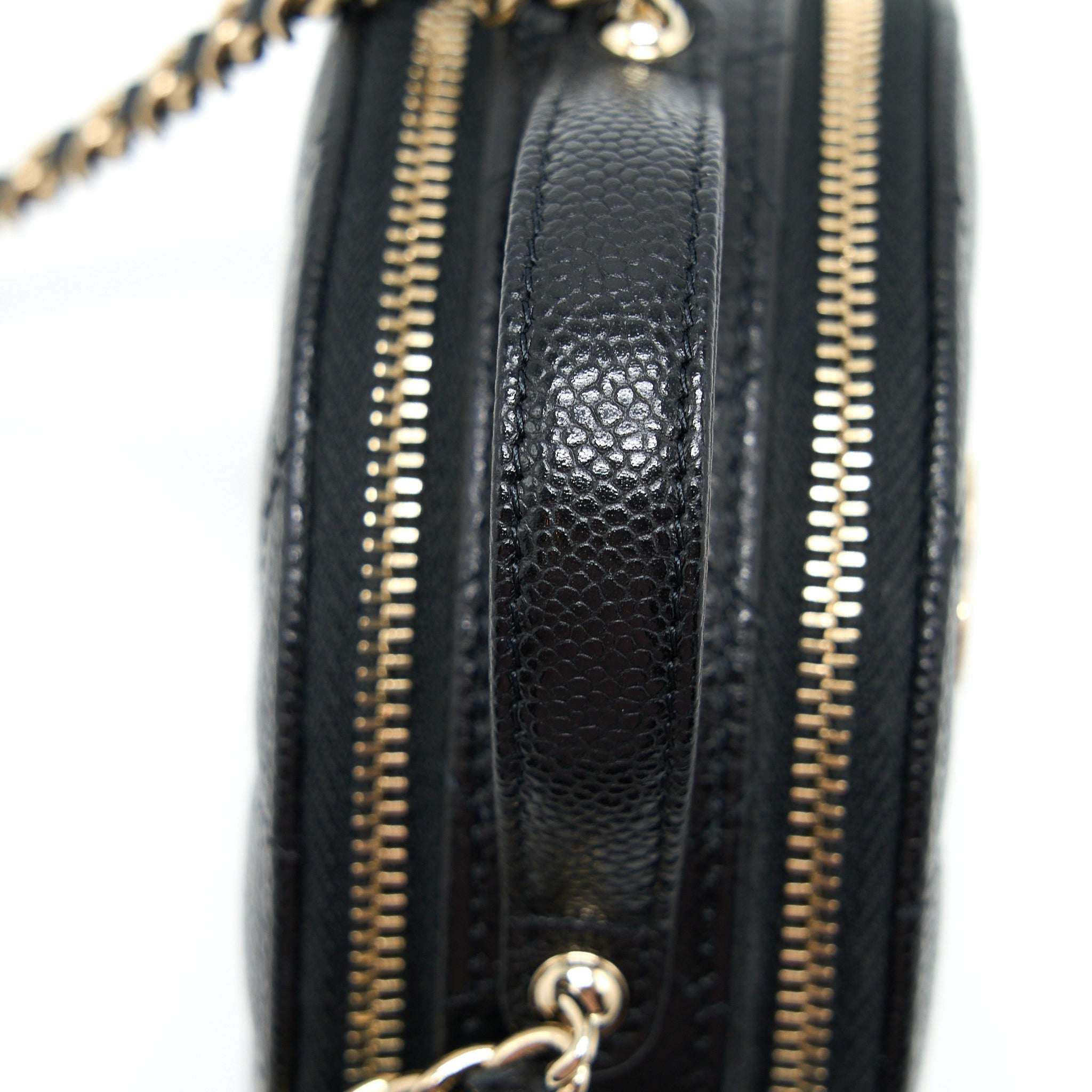 CHANEL MINI TOP HANDLE ROUND VANITY CASE WITH CHAIN CAVIAR BLACK LGHW