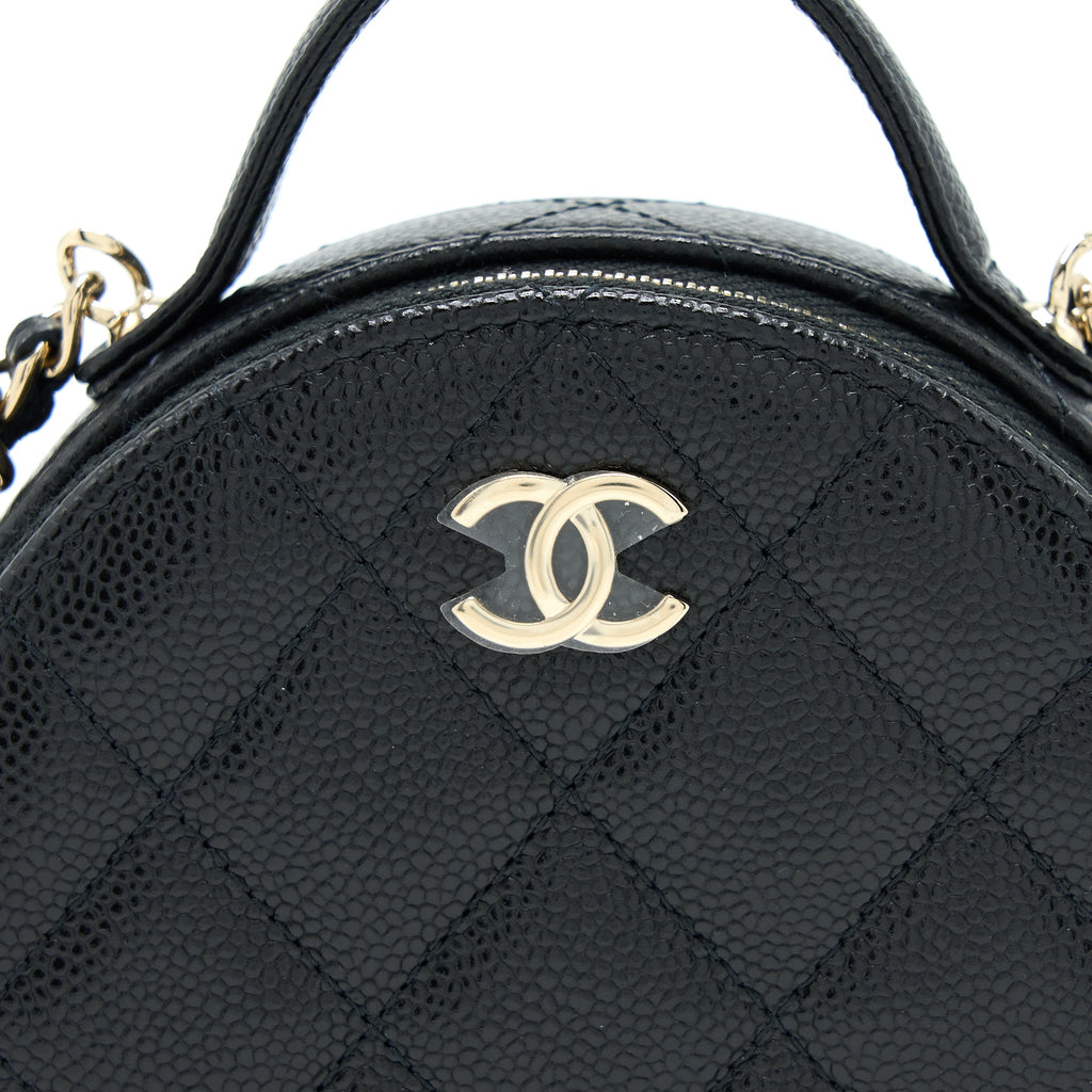 CHANEL MINI TOP HANDLE ROUND VANITY CASE WITH CHAIN CAVIAR BLACK LGHW