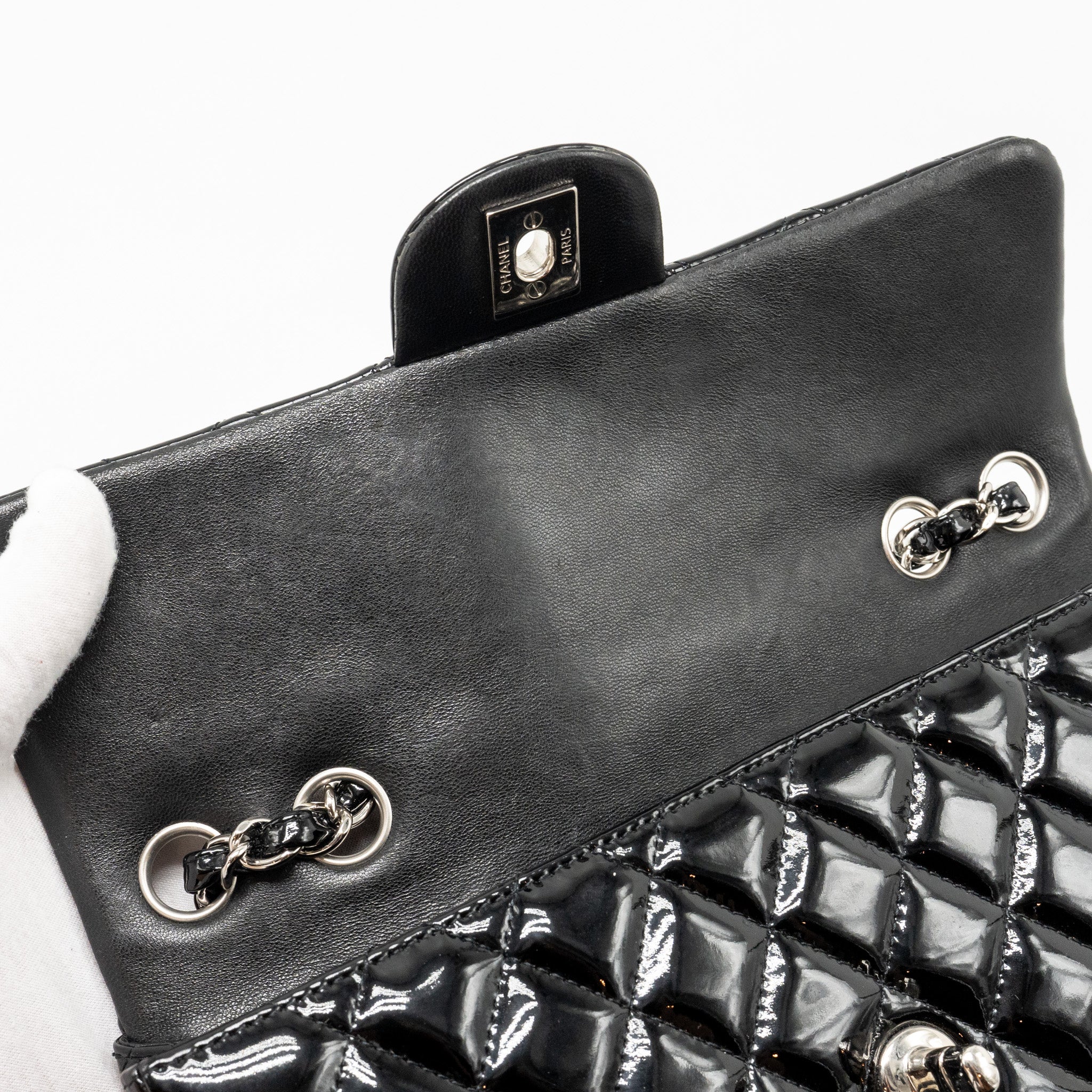 CHANEL EAST WEST FLAP SHOULDER BAG PATENT LEATHER BLACK SHW