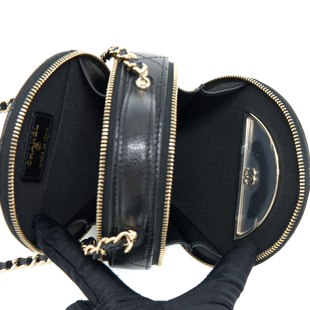 CHANEL MINI TOP HANDLE ROUND VANITY CASE WITH CHAIN CAVIAR BLACK LGHW