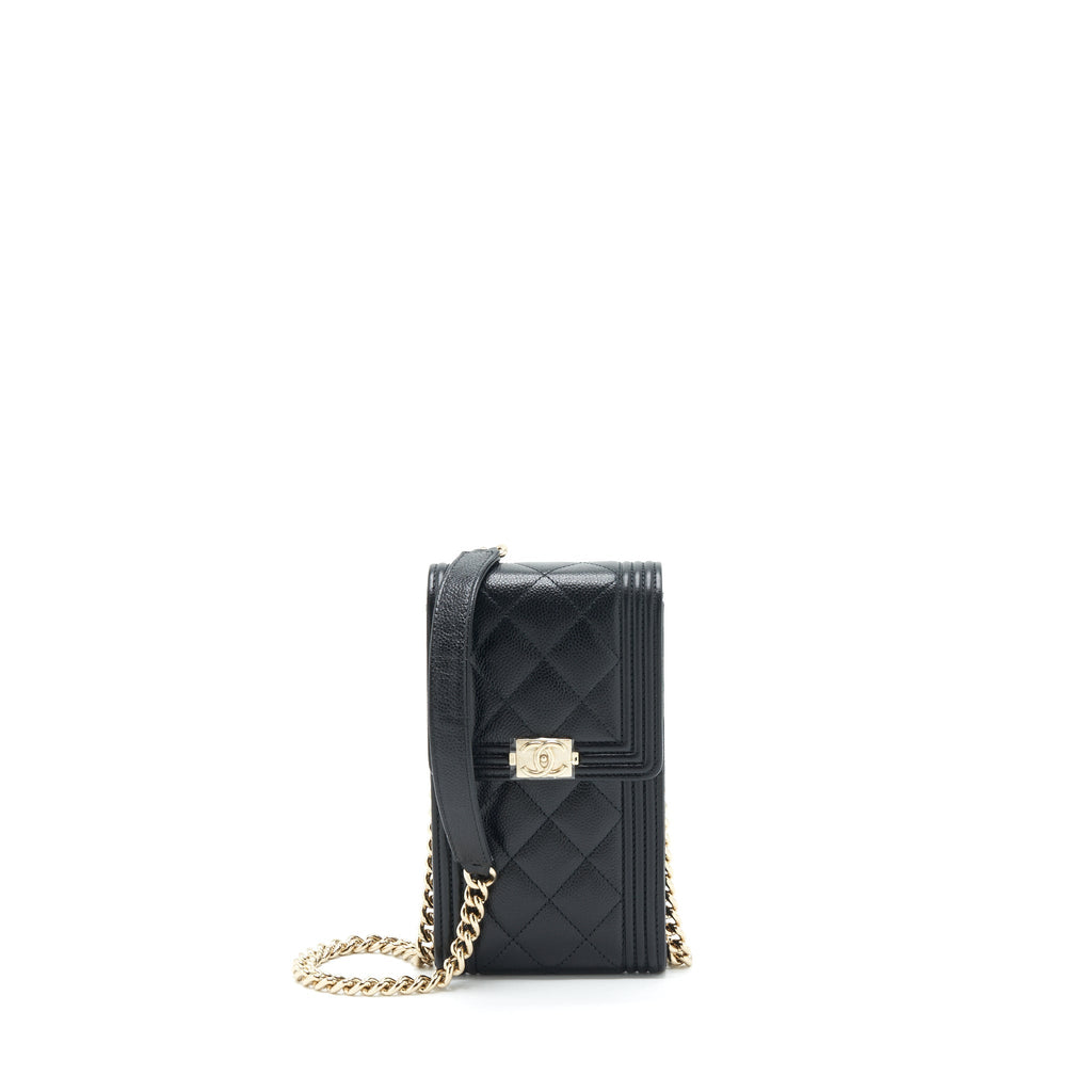 CHANEL VERTICAL BOY FLAP PHONE CASE WITH CHAIN CAVIAR BLACK WITH LGHW