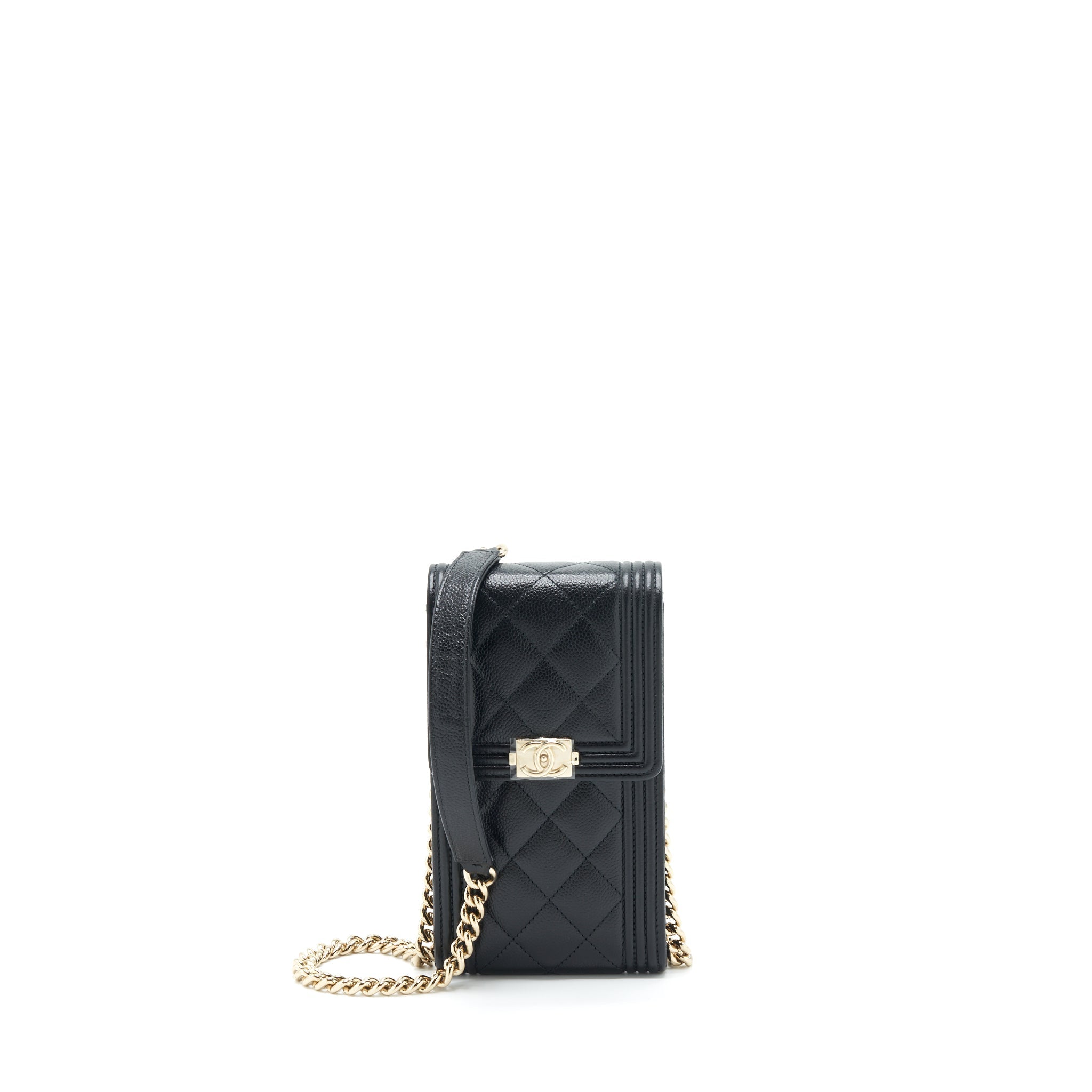 CHANEL VERTICAL BOY FLAP PHONE CASE WITH CHAIN CAVIAR BLACK WITH LGHW