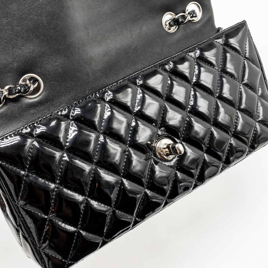 CHANEL EAST WEST FLAP SHOULDER BAG PATENT LEATHER BLACK SHW