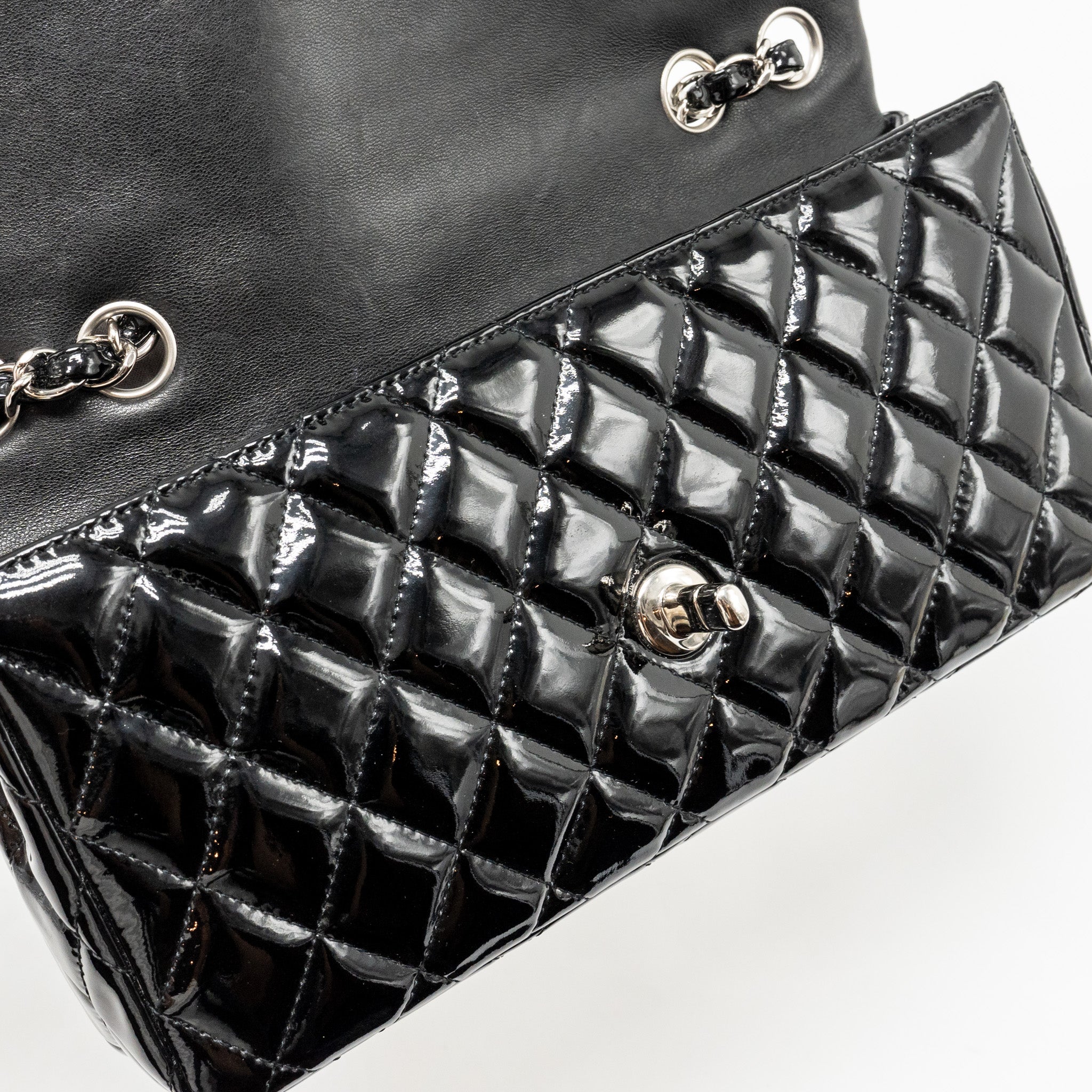 CHANEL EAST WEST FLAP SHOULDER BAG PATENT LEATHER BLACK SHW