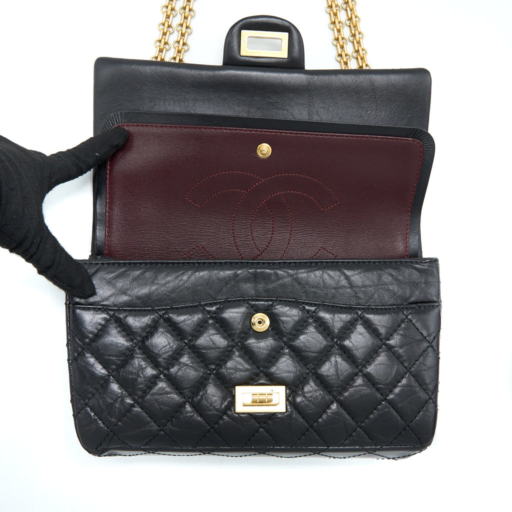 CHANEL SMALL 2.55 REISSUE FLAP BAG AGED CALFSKIN BLACK BRUSHED GHW
