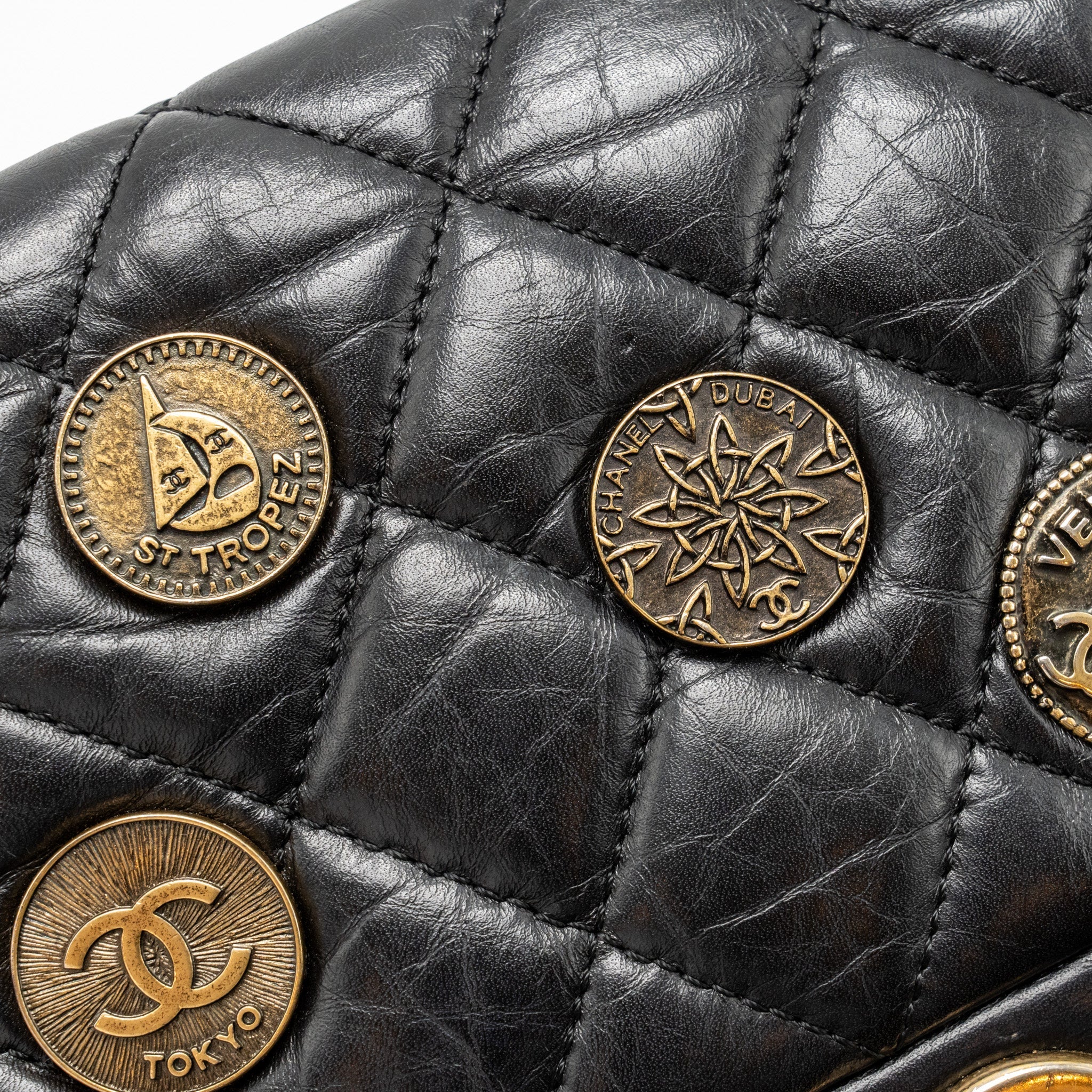 CHANEL MEDALLION QUILTED FLAP BAG AGED CALFSKIN BLACK MULTICOLOUR HARDWARE