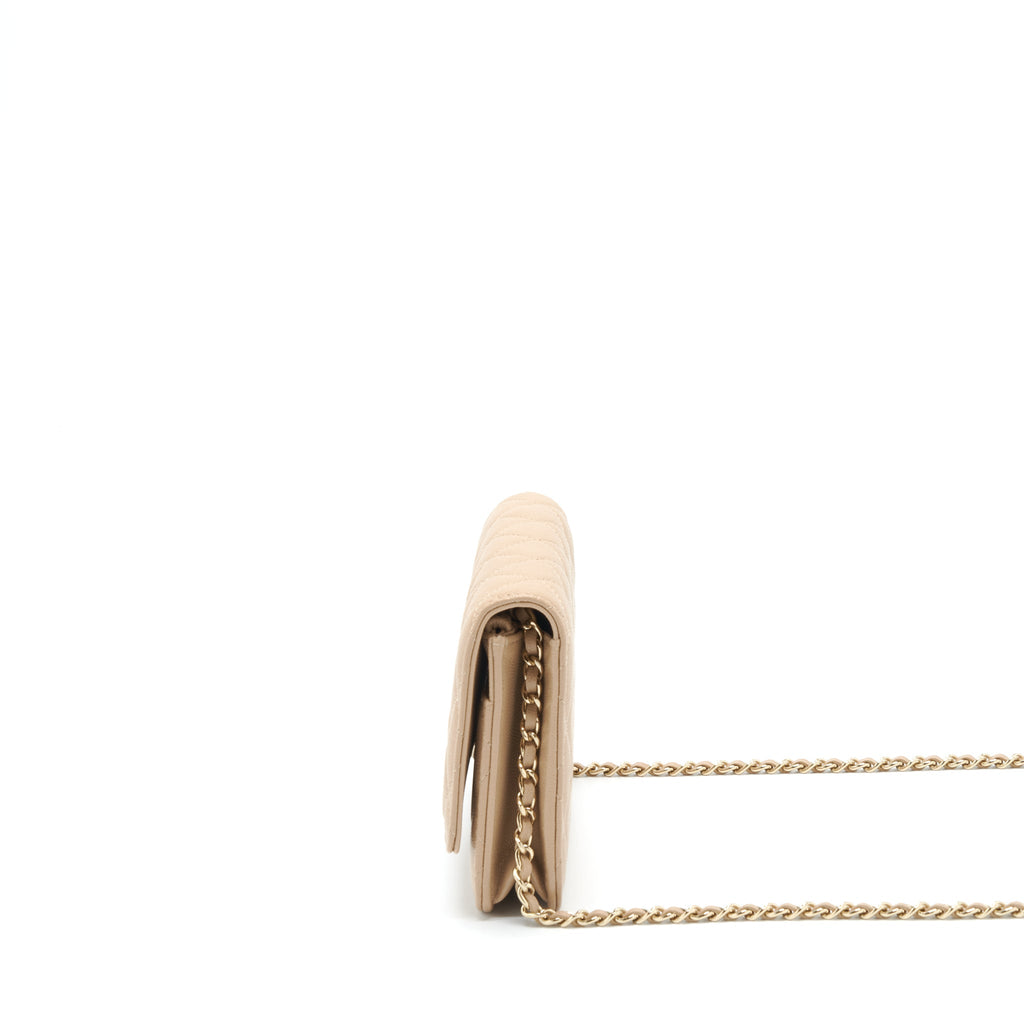 CHANEL 22S DETAILED LOGO WALLET ON CHAIN CAVIAR DARK BEIGE WITH LGHW (MICROCHIP)