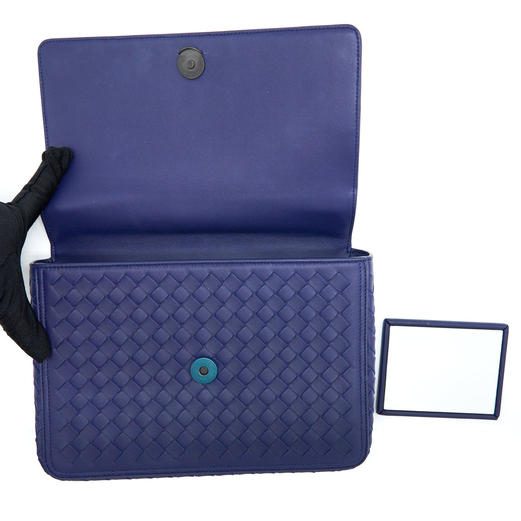 BOTTEGA VENETA TOP HANDLE CROSSBODY BAG NAVY BLUE WITH BLACK HARDWARE