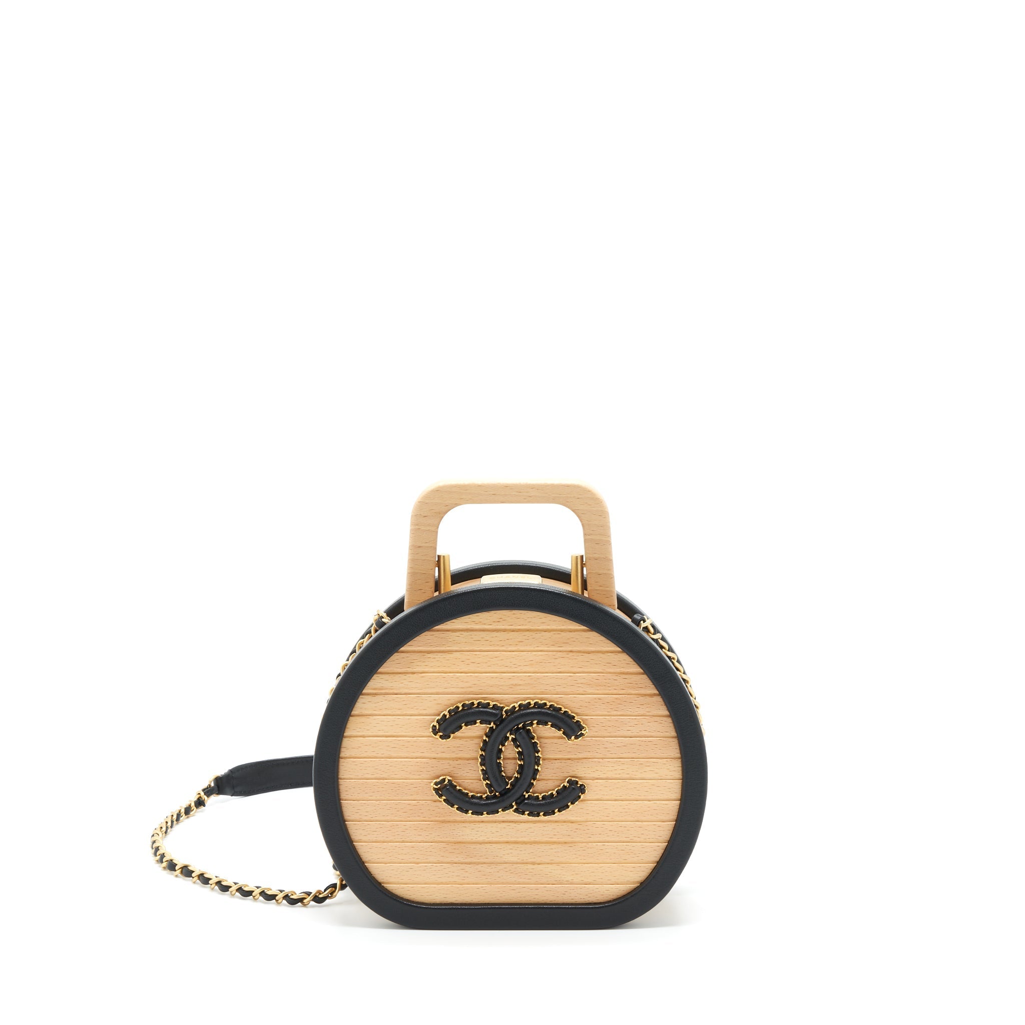 CHANEL 22C SMALL VANITY CASE BEECH WOOD, CALFSKIN BEIGE / BLACK WITH GHW