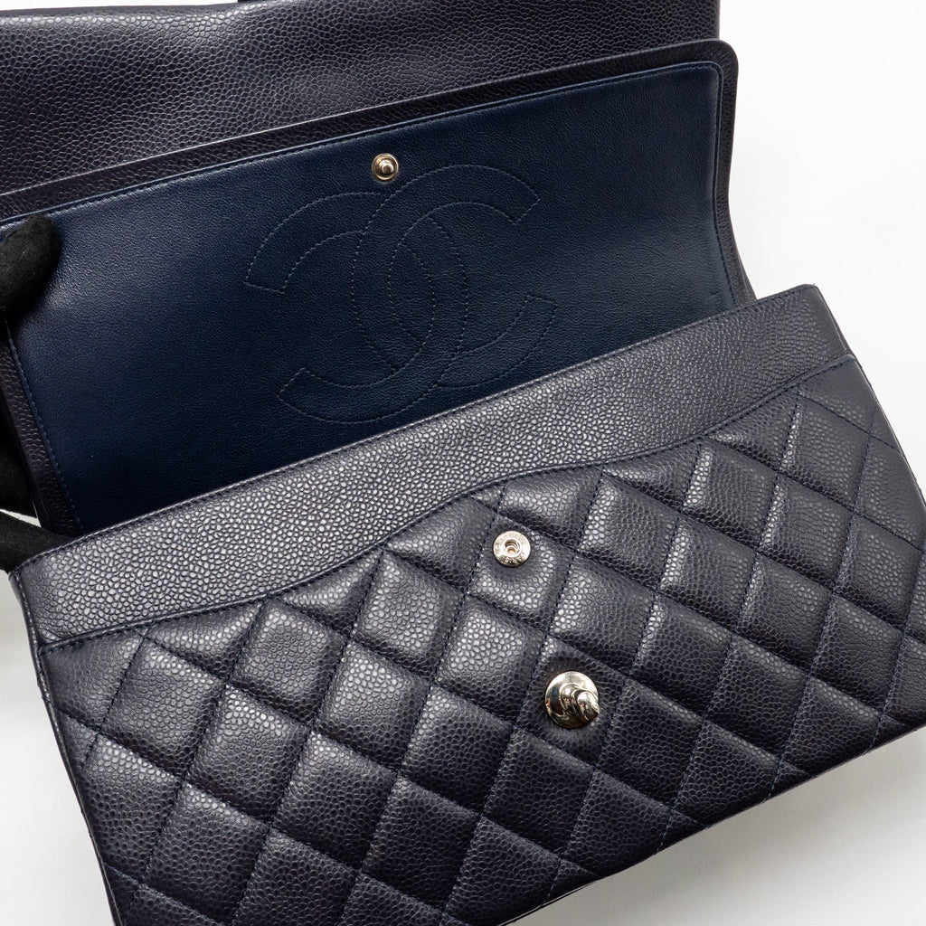 CHANEL JUMBO CLASSIC DOUBLE FLAP BAG CAVIAR DARK BLUE SHW