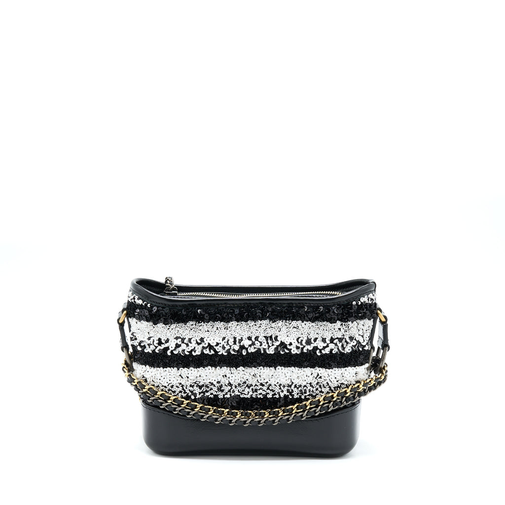 CHANEL SMALL GABRIELLE HOBO BAG SEQUINS BLACK/WHITE WITH MULTICOLOUR HARDWARE