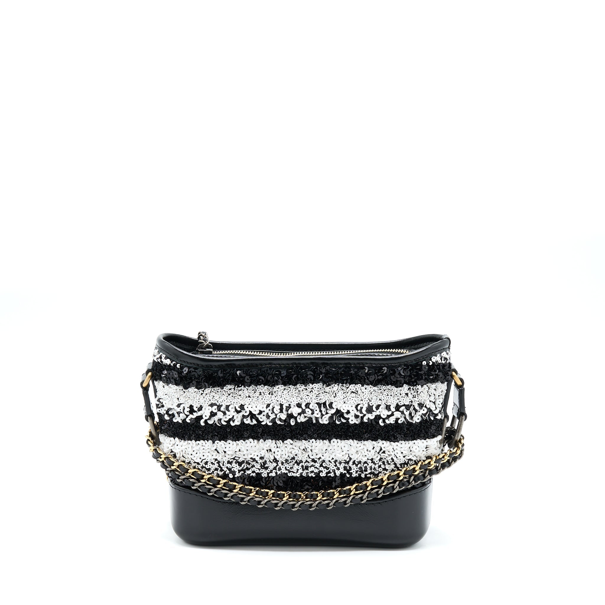 CHANEL SMALL GABRIELLE HOBO BAG SEQUINS BLACK/WHITE WITH MULTICOLOUR HARDWARE