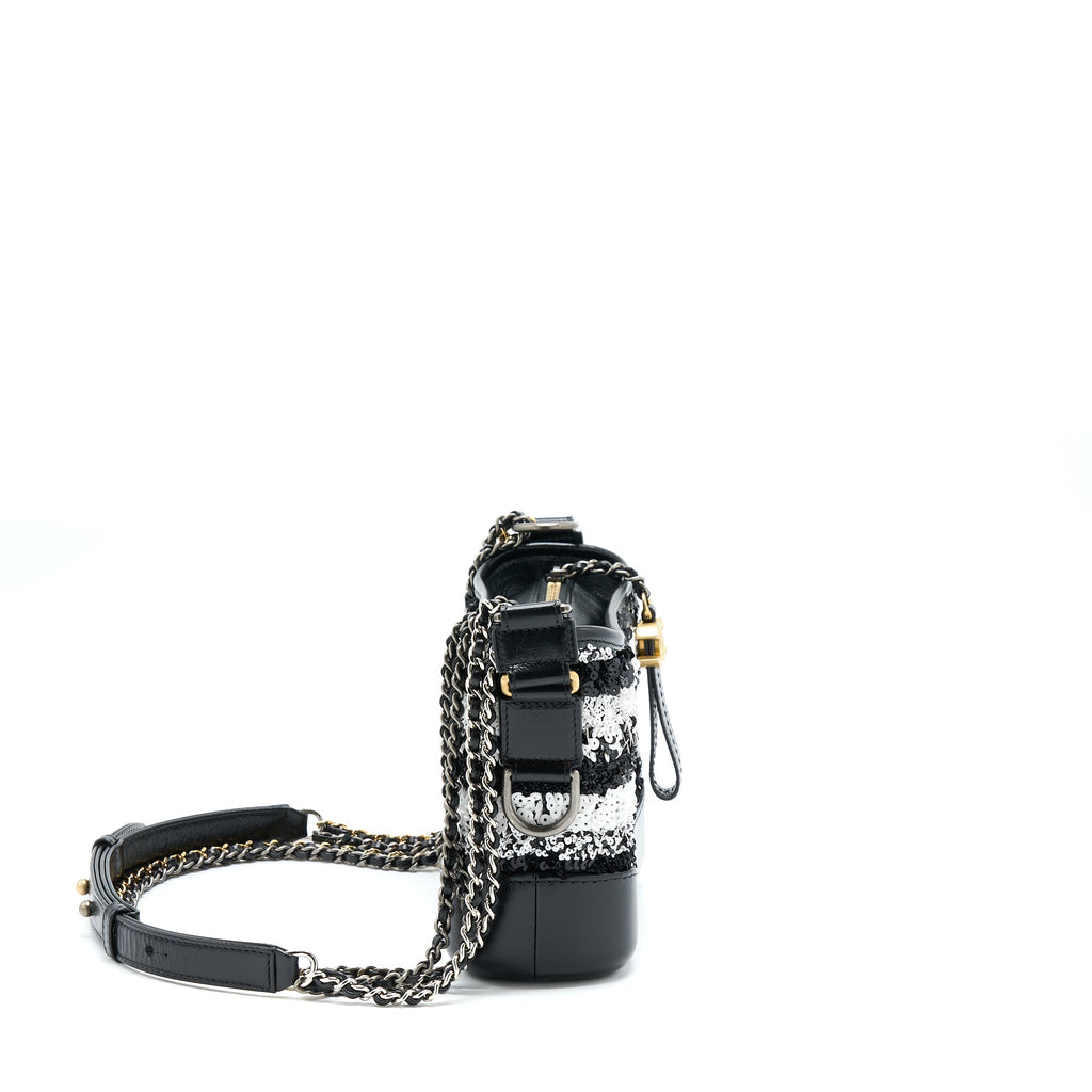CHANEL SMALL GABRIELLE HOBO BAG SEQUINS BLACK/WHITE WITH MULTICOLOUR HARDWARE