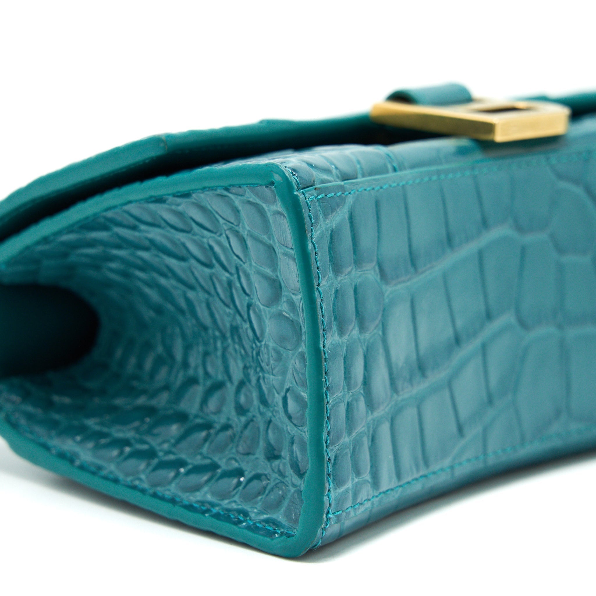 BALENCIAGA HOURGLASS XS CROC-EFFECT LEATHER BLUE