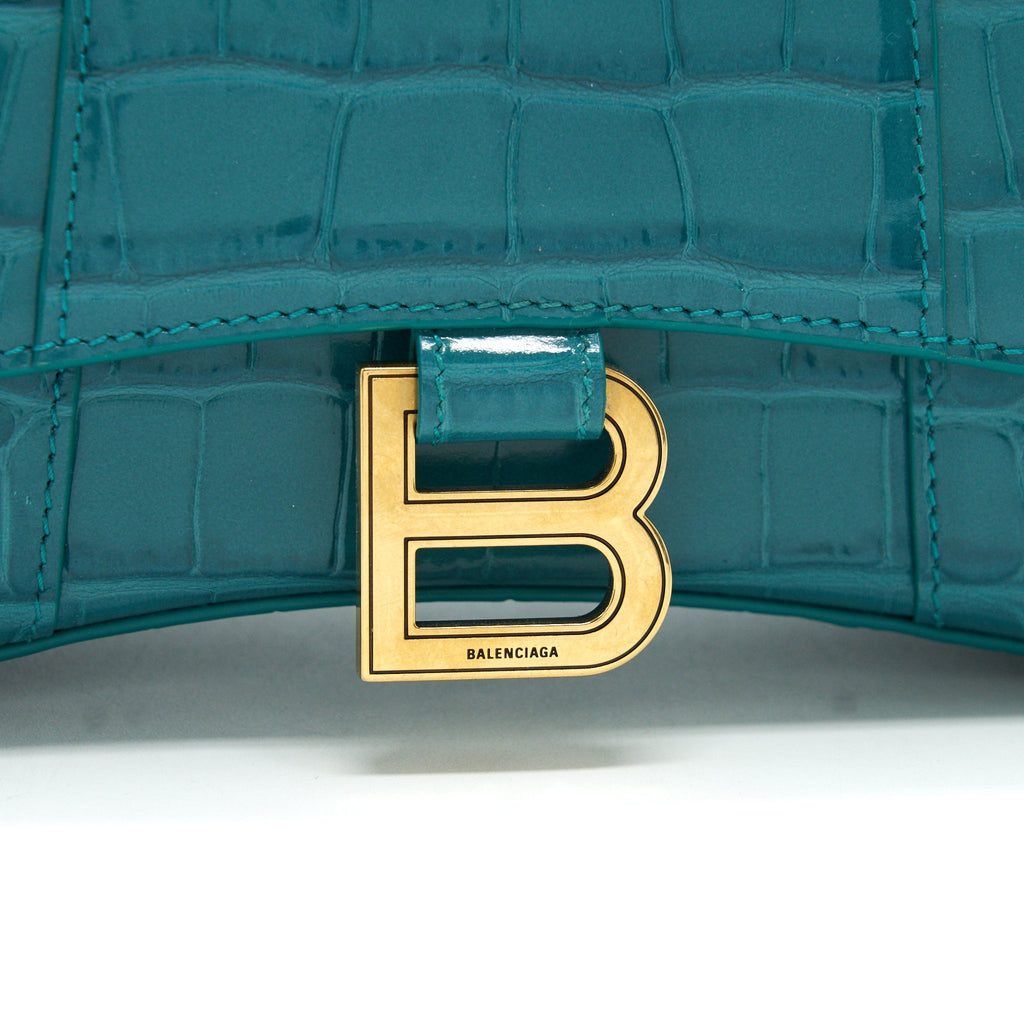 BALENCIAGA HOURGLASS XS CROC-EFFECT LEATHER BLUE