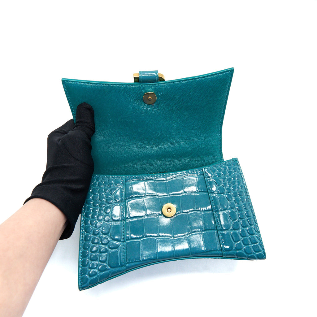 BALENCIAGA HOURGLASS XS CROC-EFFECT LEATHER BLUE