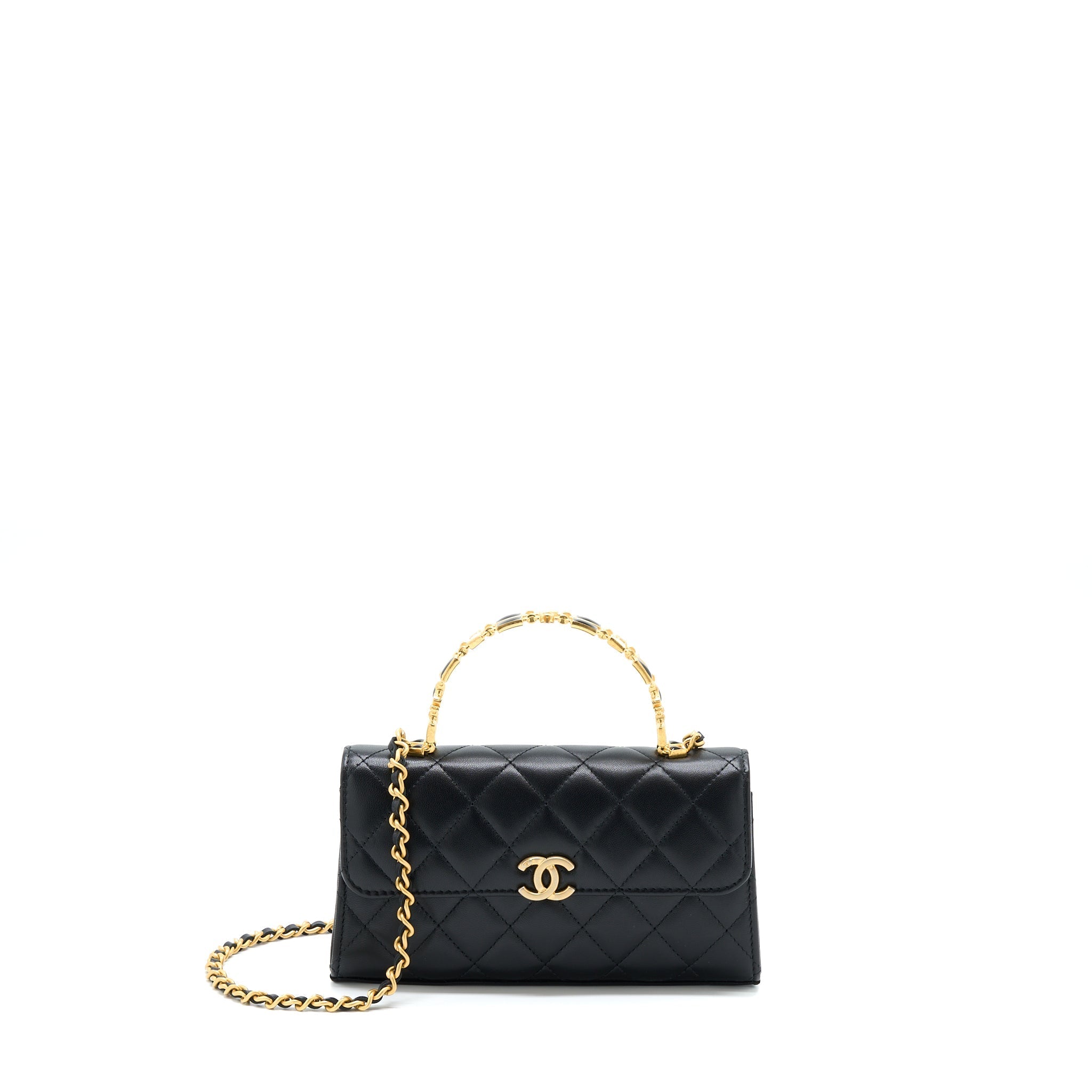 CHANEL 22B FLAP BAG WITH ENAMEL/CC LOGO TOP HANDLE LAMBSKIN BLACK BRUSHED GHW