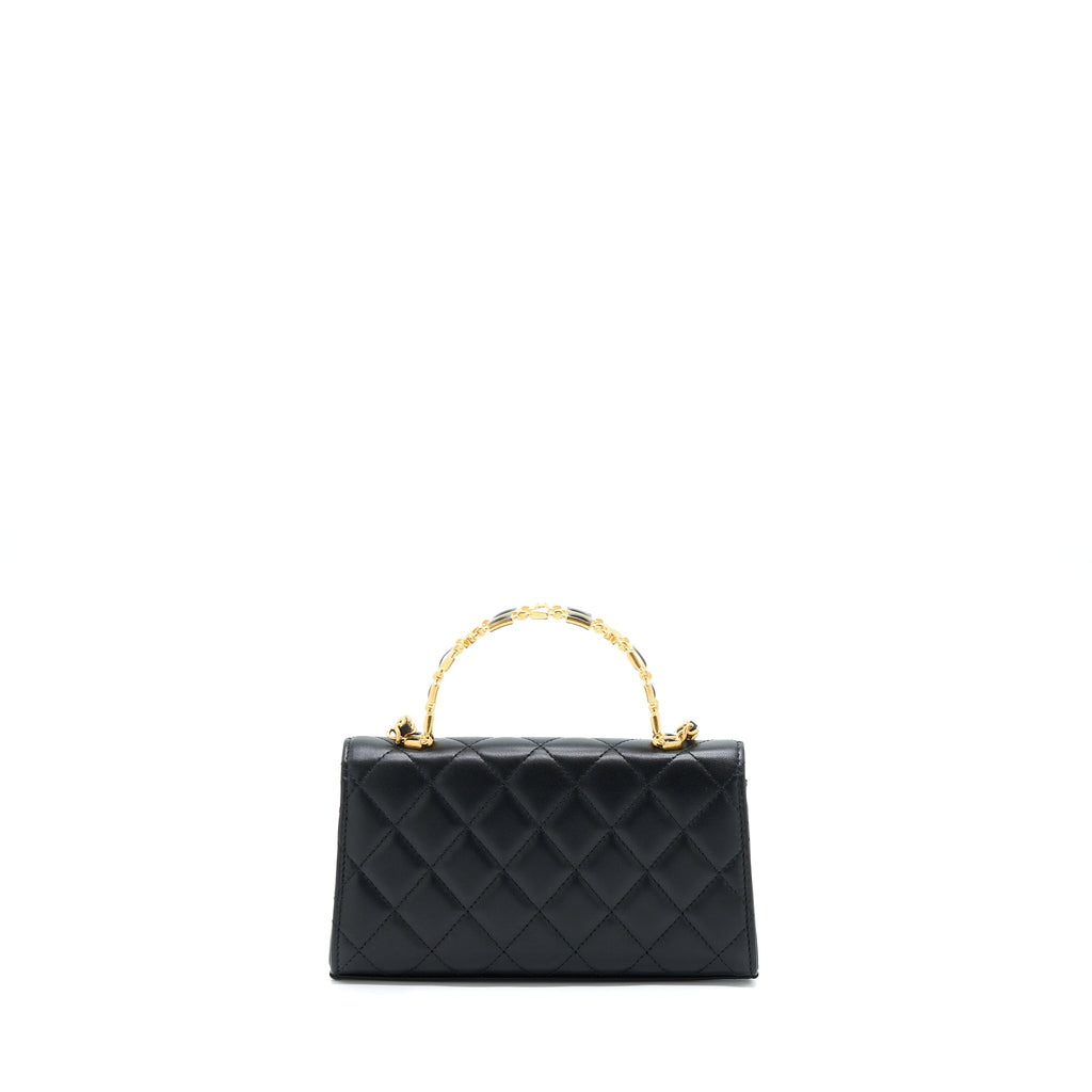 CHANEL 22B FLAP BAG WITH ENAMEL/CC LOGO TOP HANDLE LAMBSKIN BLACK BRUSHED GHW