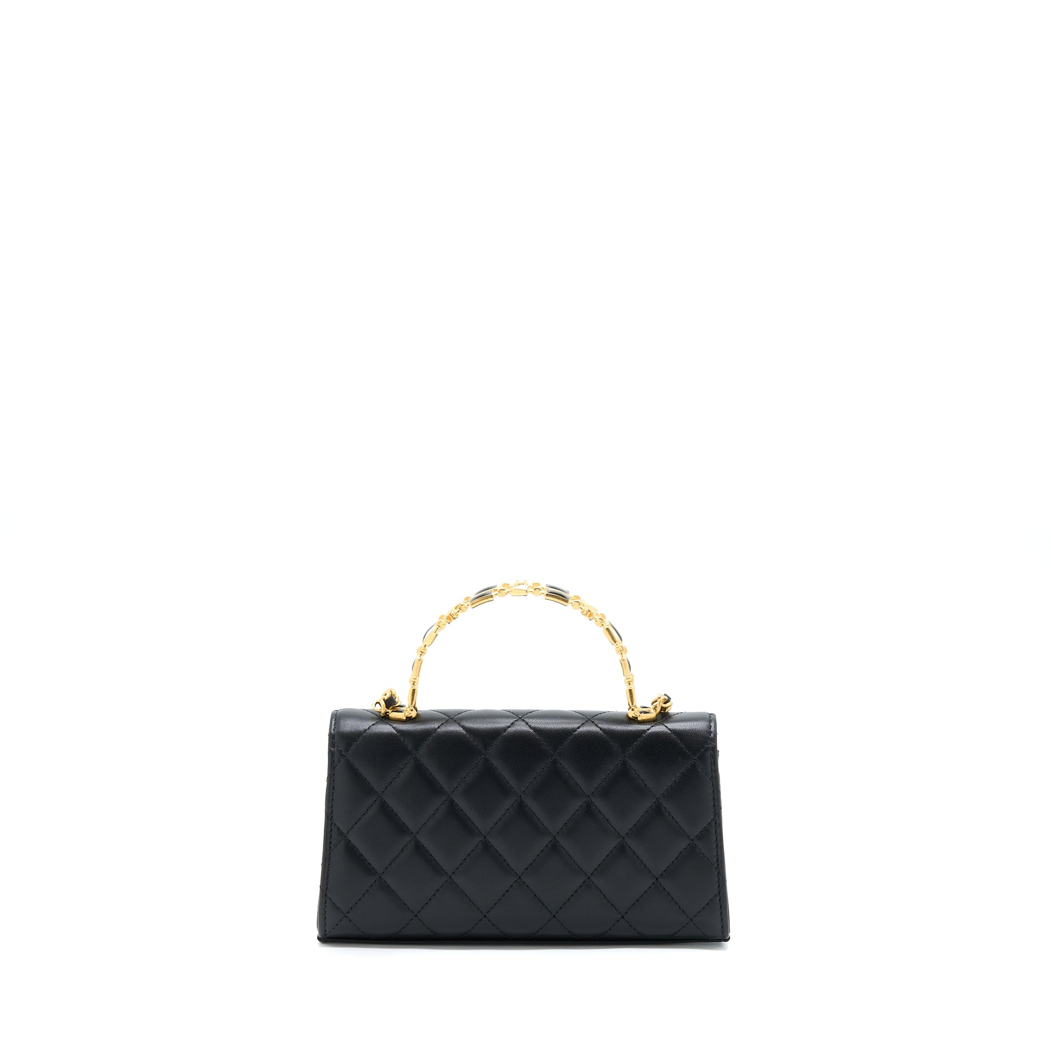 CHANEL 22B FLAP BAG WITH ENAMEL/CC LOGO TOP HANDLE LAMBSKIN BLACK BRUSHED GHW