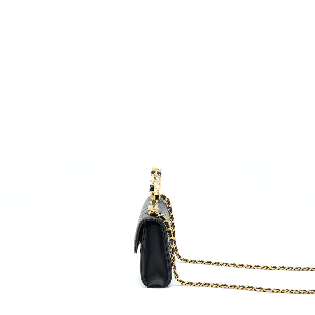 CHANEL 22B FLAP BAG WITH ENAMEL/CC LOGO TOP HANDLE LAMBSKIN BLACK BRUSHED GHW