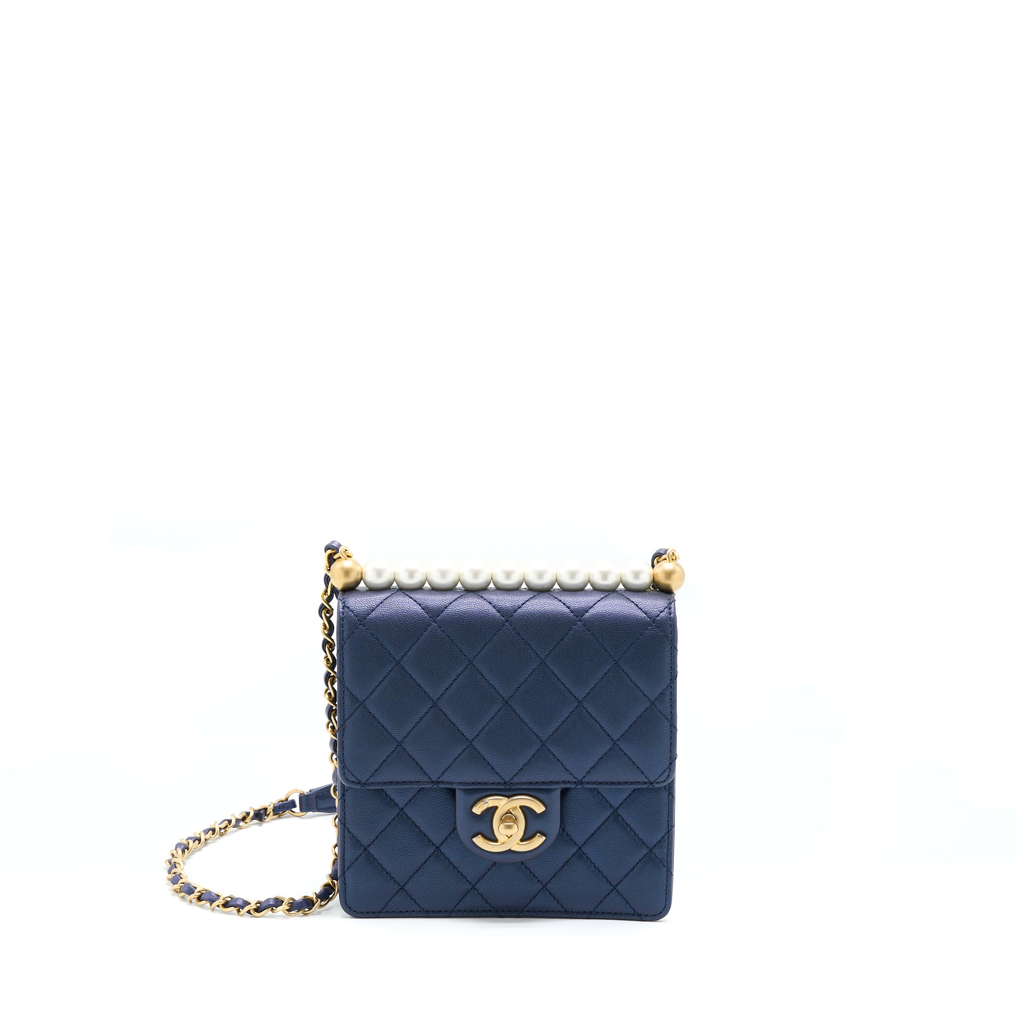 CHANEL VERTICAL PEARL FLAP BAG LAMBSKIN DARK BLUE GHW