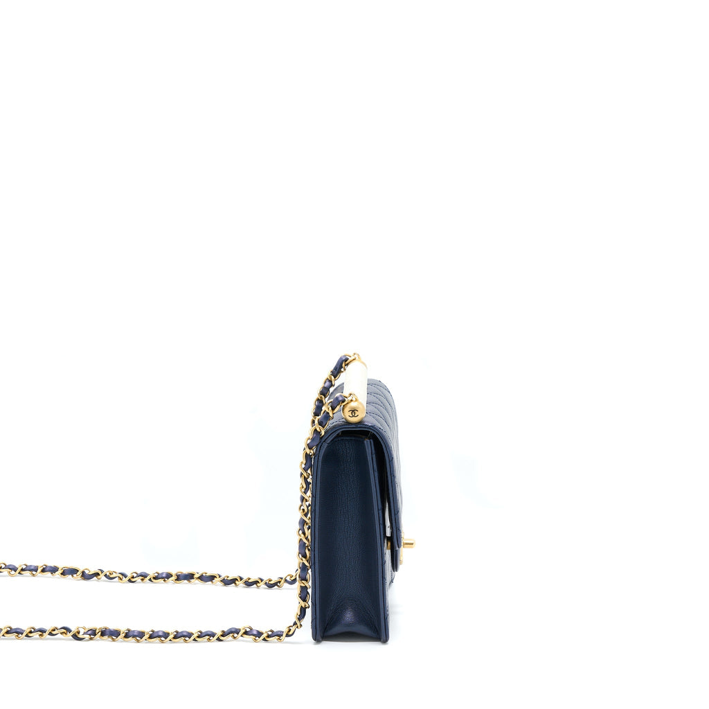 CHANEL VERTICAL PEARL FLAP BAG LAMBSKIN DARK BLUE GHW