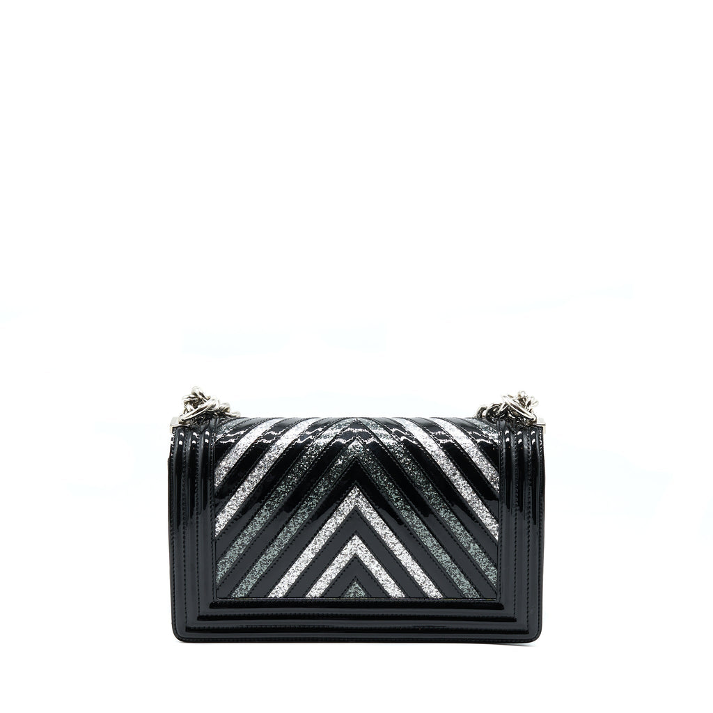 CHANEL MEDIUM BOY BAG CHEVRON LIMITED PATENT BLACK SHW