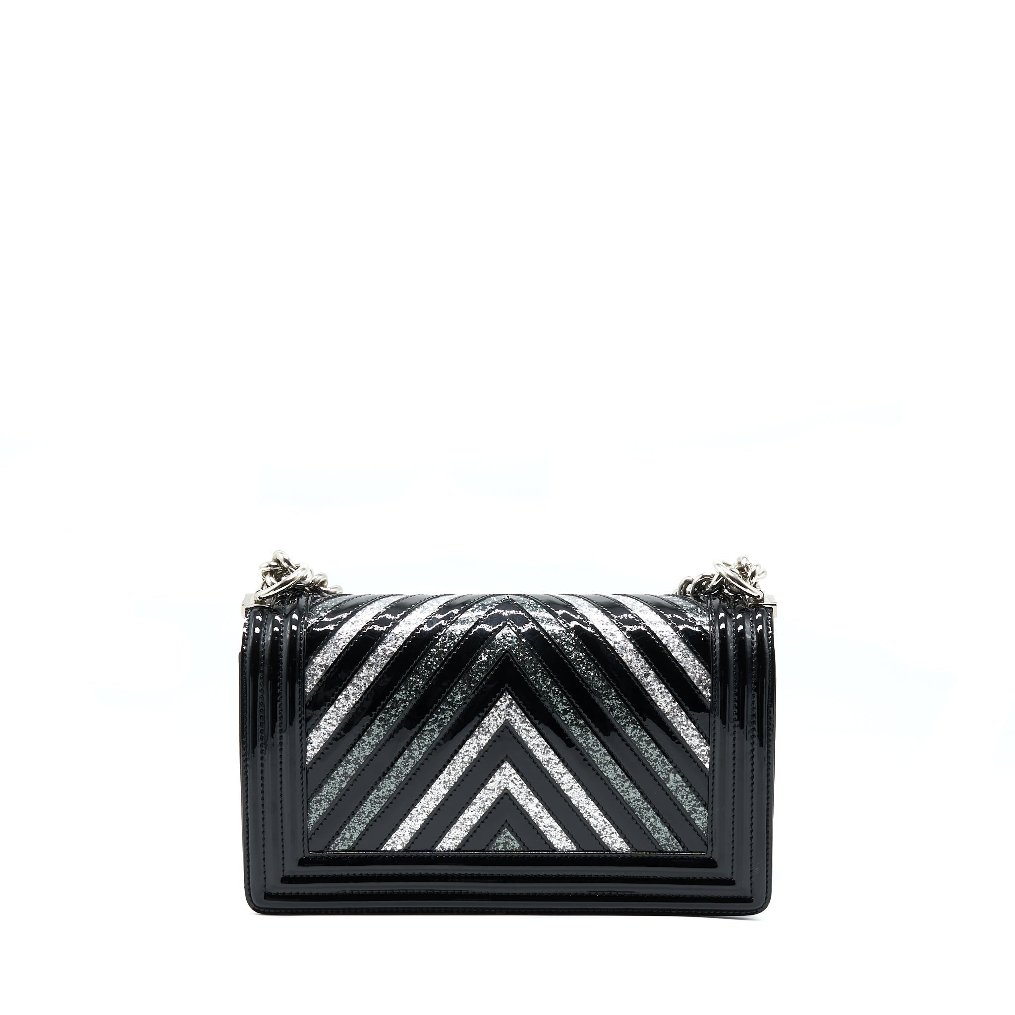 CHANEL MEDIUM BOY BAG CHEVRON LIMITED PATENT BLACK SHW