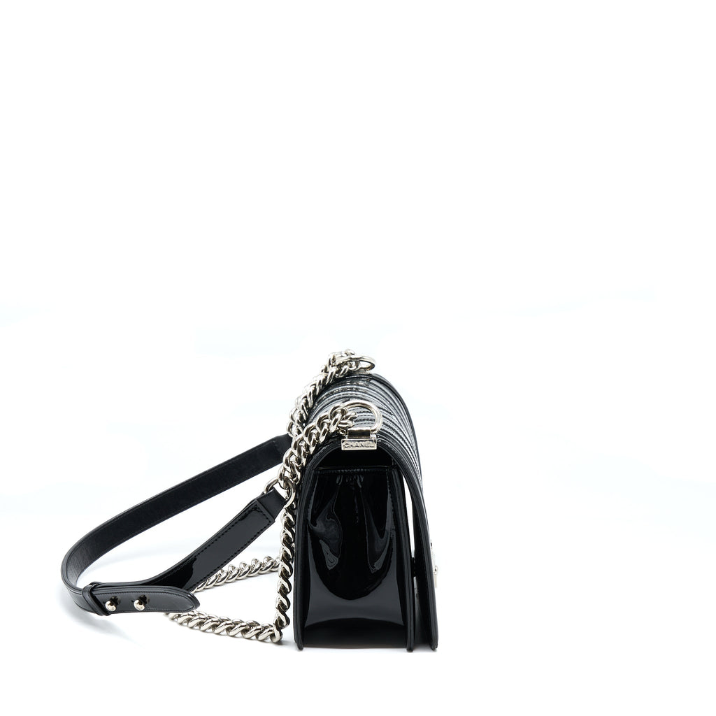CHANEL MEDIUM BOY BAG CHEVRON LIMITED PATENT BLACK SHW