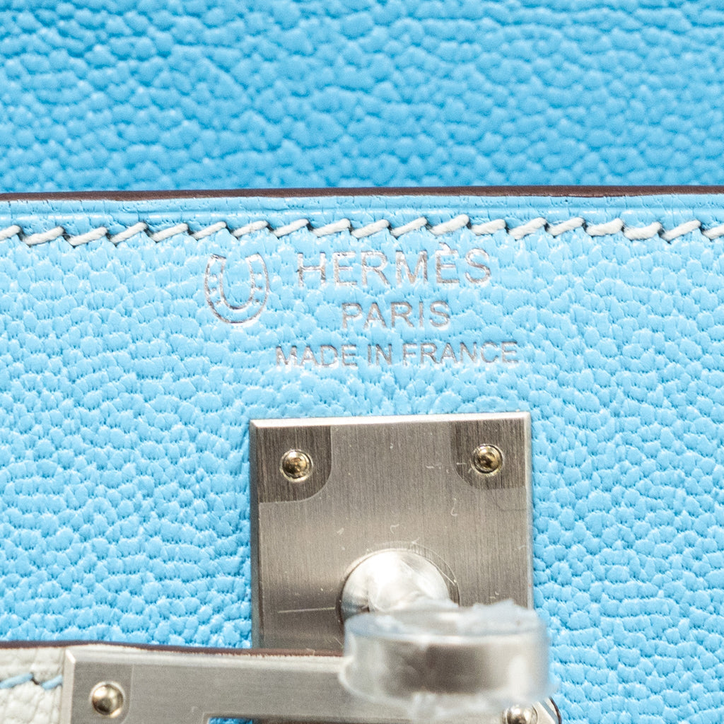 HERMES KELLY 25 SPECIAL ORDER CHÈVRE MYSORE BLUE CELESTE / GRIS PERLE BRUSHED SHW