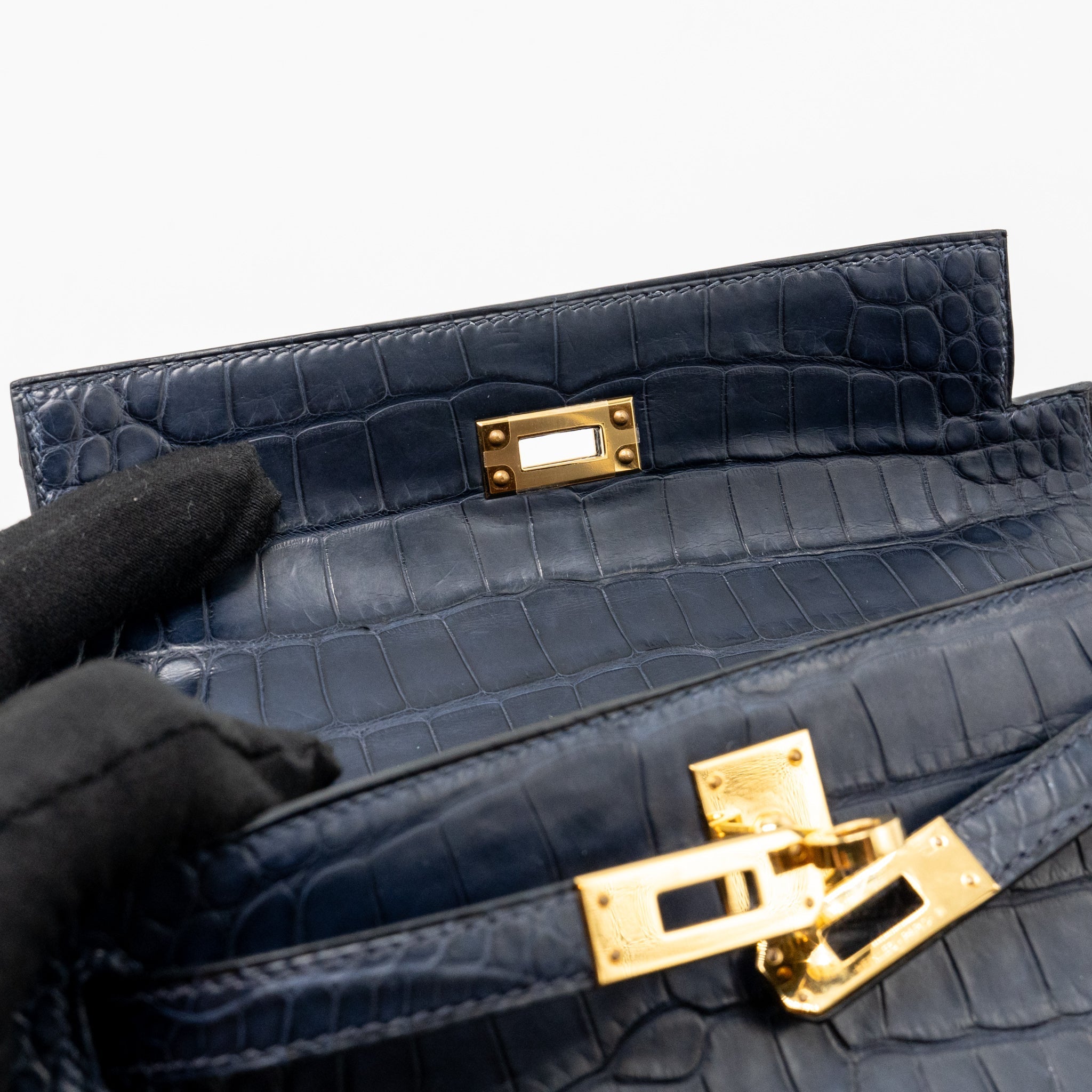 HERMES KELLY POCHETTE MATT ALLIGATOR MISSISSIPPIENSIS BLUE INDIGO GHW