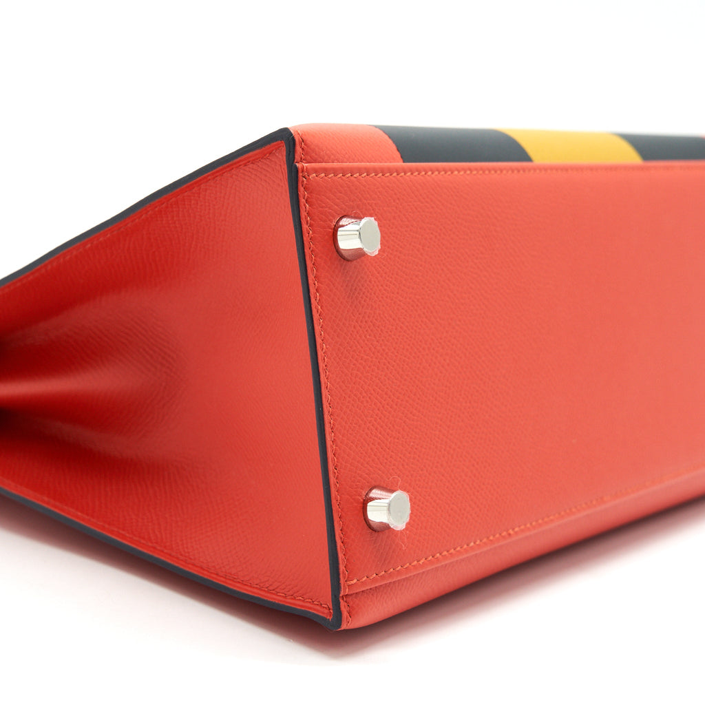 HERMES KELLY LETTER M BAG SELLIER 28 EPSOM/ SOMBRERO/ MYSORE IN CAPUCINE/ BLEU OBSCUR/ AMBRE
