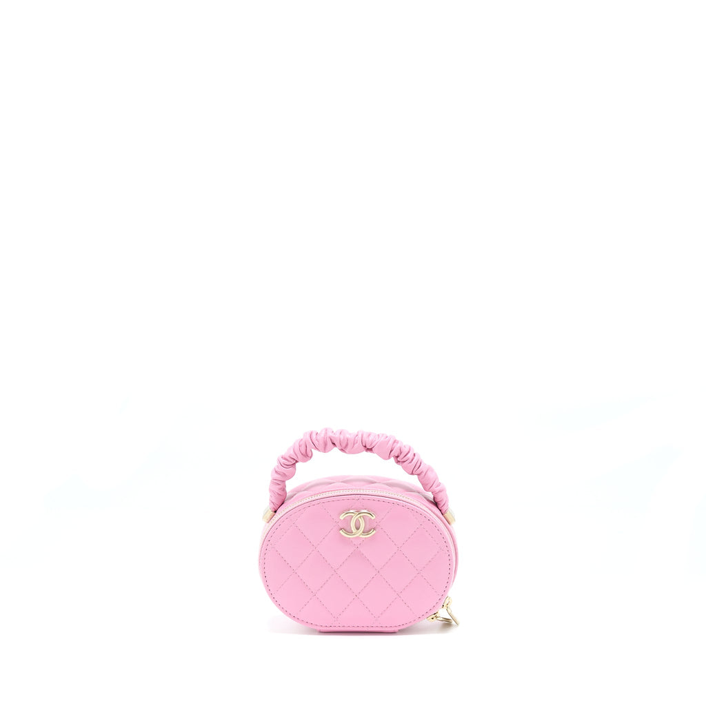 CHANEL 22S TOP HANDLE MINI ROUND VANITY CLUTCH LAMBSKIN PINK LGHW