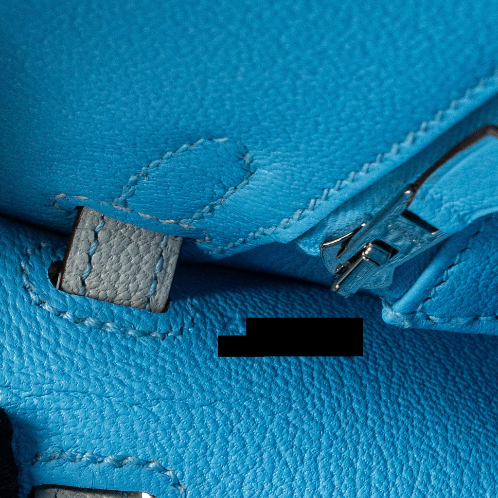 HERMES KELLY 25 SPECIAL ORDER CHÈVRE MYSORE BLUE CELESTE / GRIS PERLE BRUSHED SHW