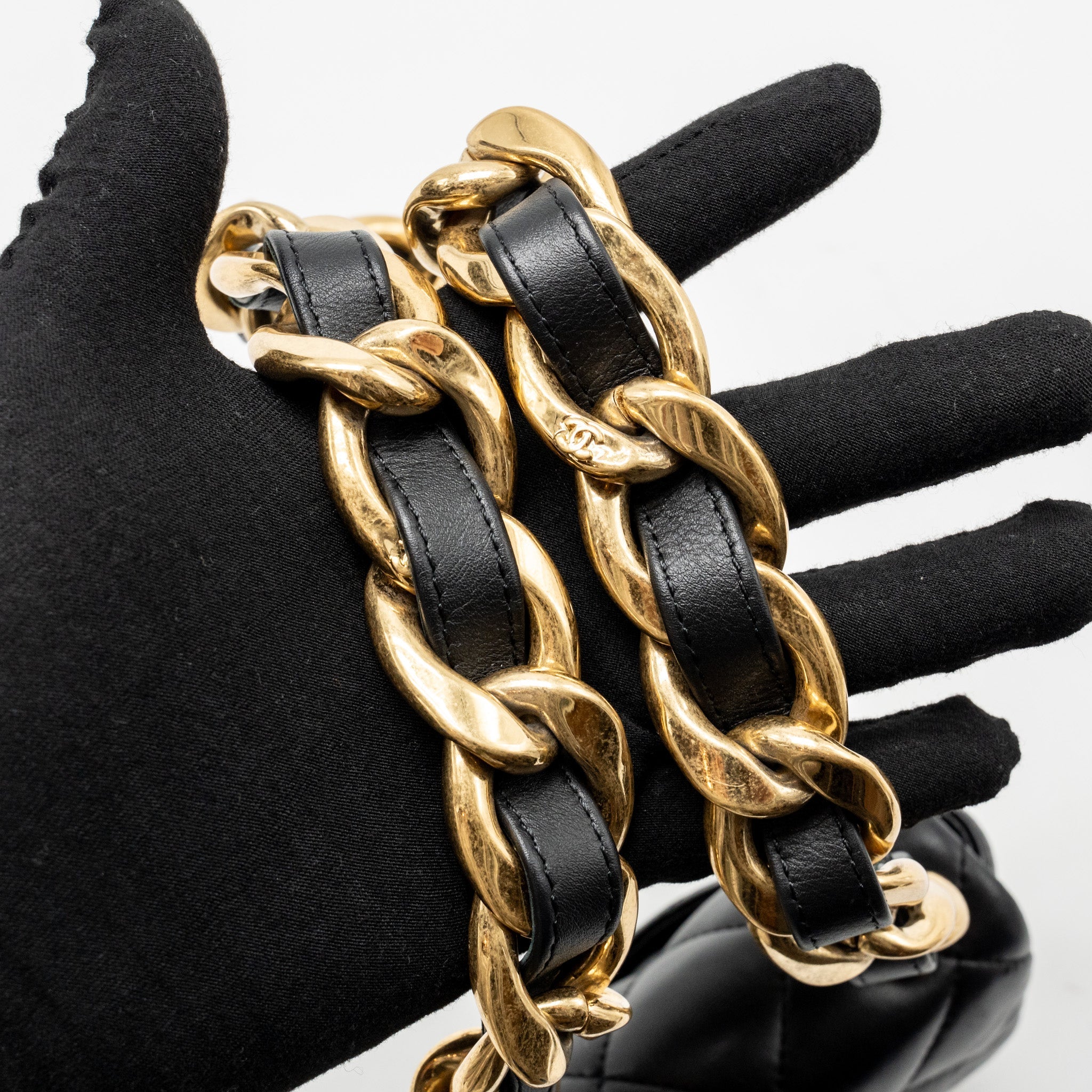 CHANEL 22S GIANT CHAIN MINI FLAP BAG LAMBSKIN BLACK BRUSHED GHW (MICROCHIP)
