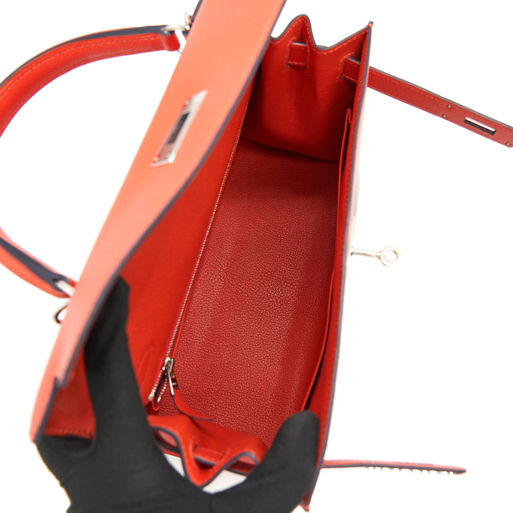 HERMES KELLY LETTER M BAG SELLIER 28 EPSOM/ SOMBRERO/ MYSORE IN CAPUCINE/ BLEU OBSCUR/ AMBRE