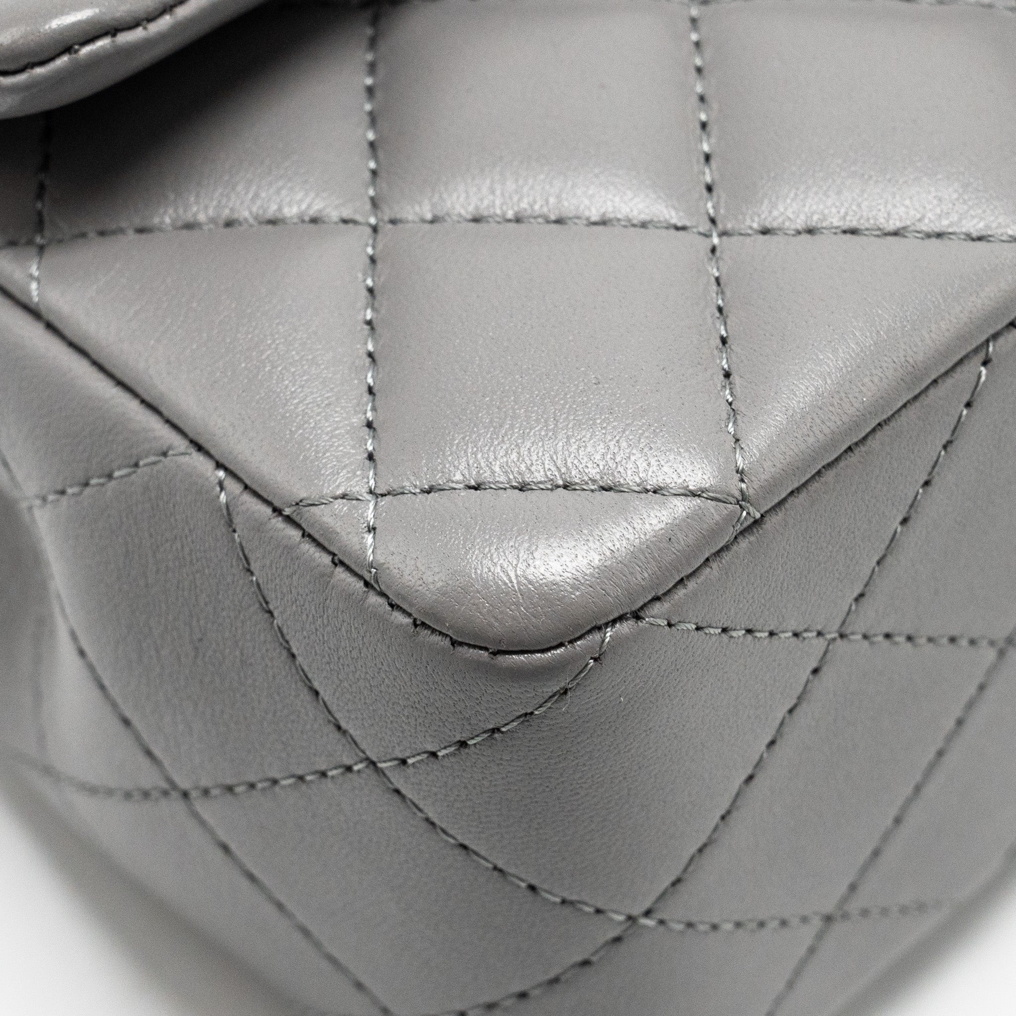 CHANEL 22K METAL TOP HANDLE MINI RECTANGULAR FLAP BAG LAMBSKIN GREY GHW (MICROCHIP)