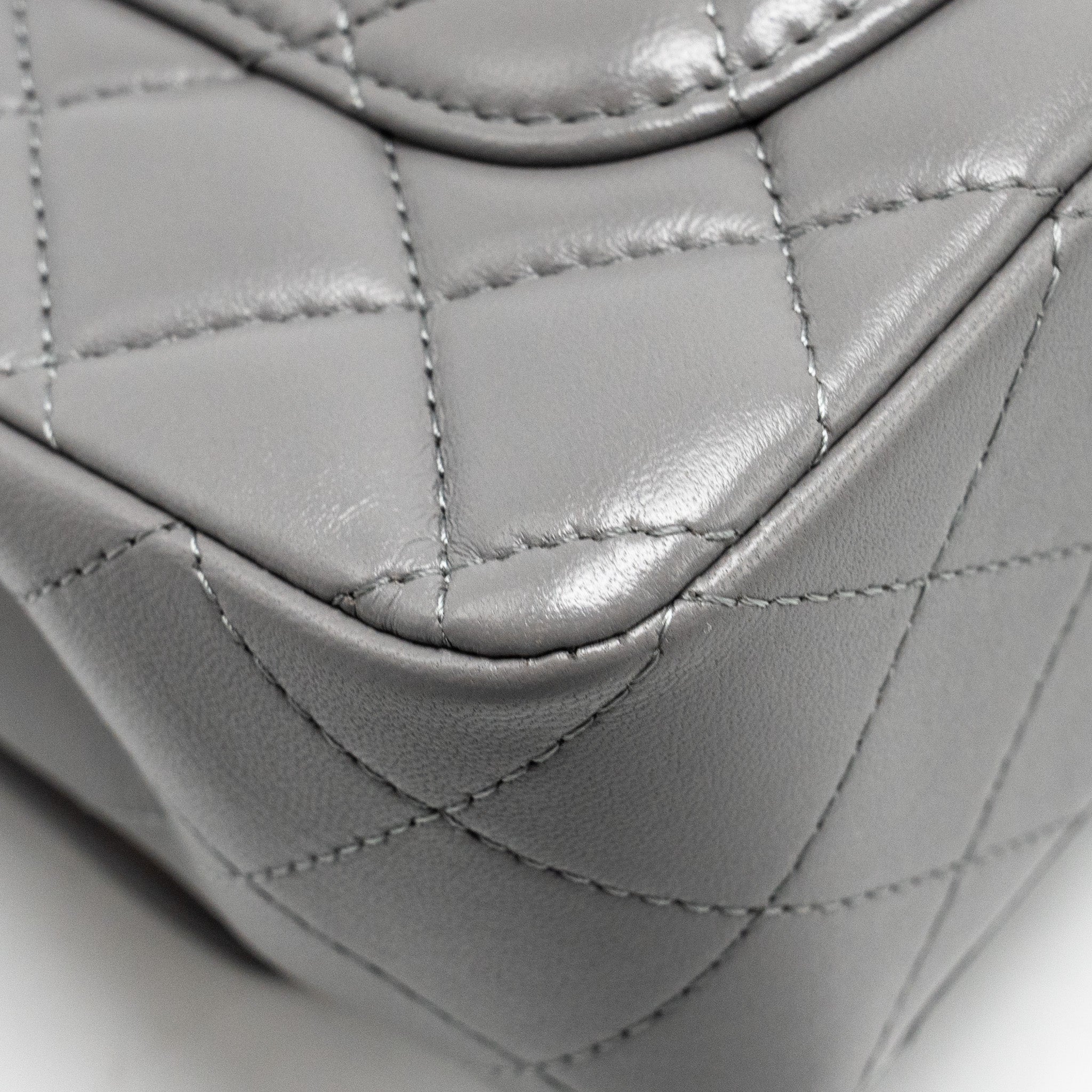 CHANEL 22K METAL TOP HANDLE MINI RECTANGULAR FLAP BAG LAMBSKIN GREY GHW (MICROCHIP)