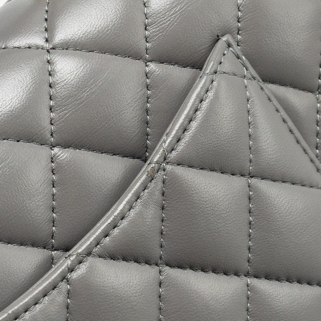 CHANEL 22K METAL TOP HANDLE MINI RECTANGULAR FLAP BAG LAMBSKIN GREY GHW (MICROCHIP)