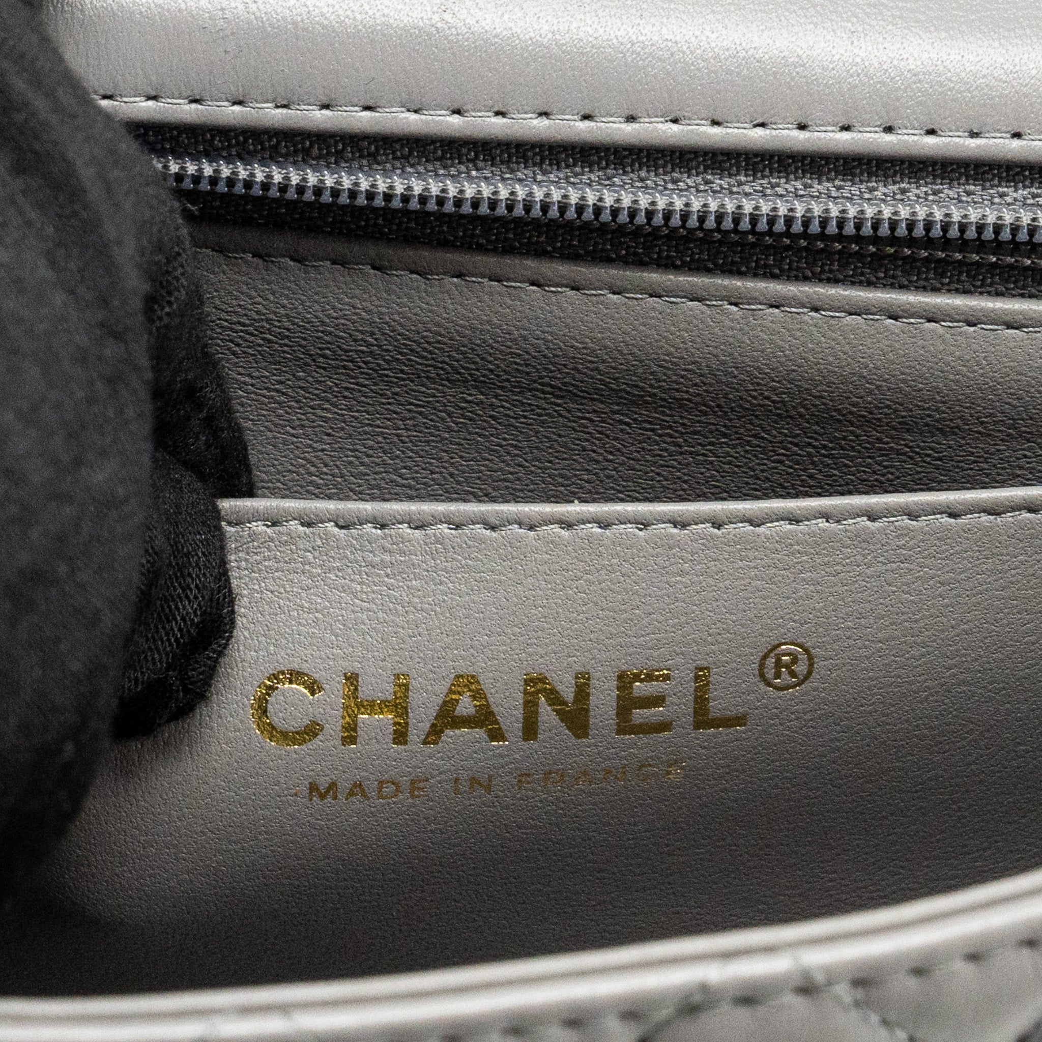 CHANEL 22K METAL TOP HANDLE MINI RECTANGULAR FLAP BAG LAMBSKIN GREY GHW (MICROCHIP)